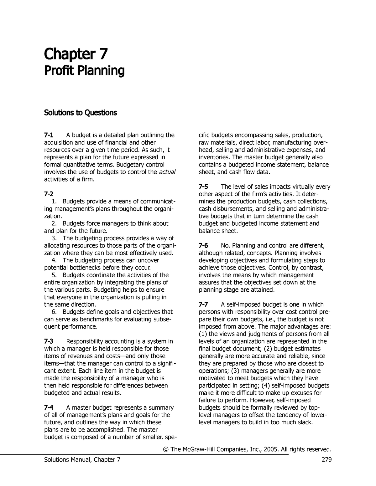 Chap007 - Chapter 7 Profit Planning Solutions To Questions 7 - 1 A ...