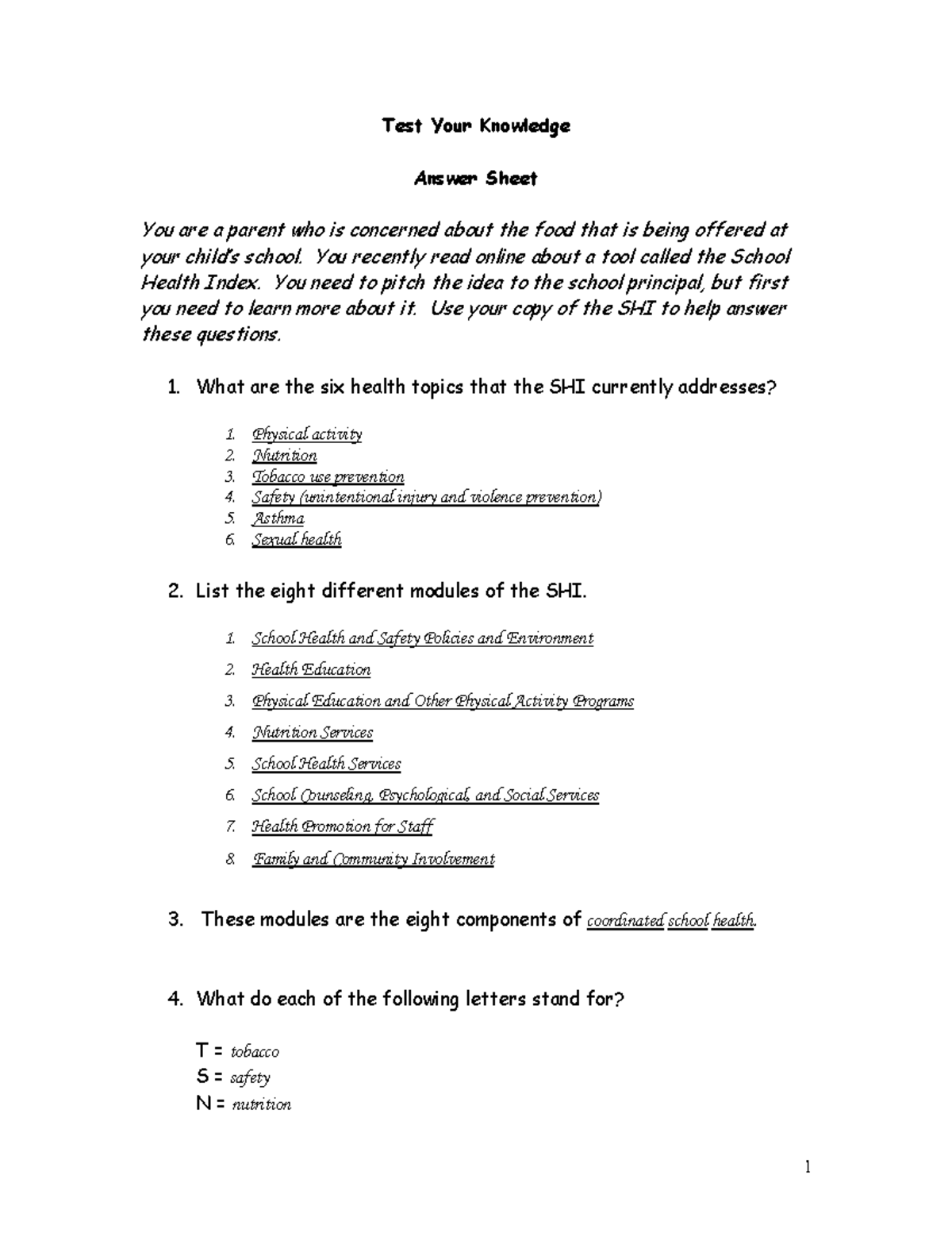 Knowledgeanswersheet Test Your Knowledge Answer Sheet You area