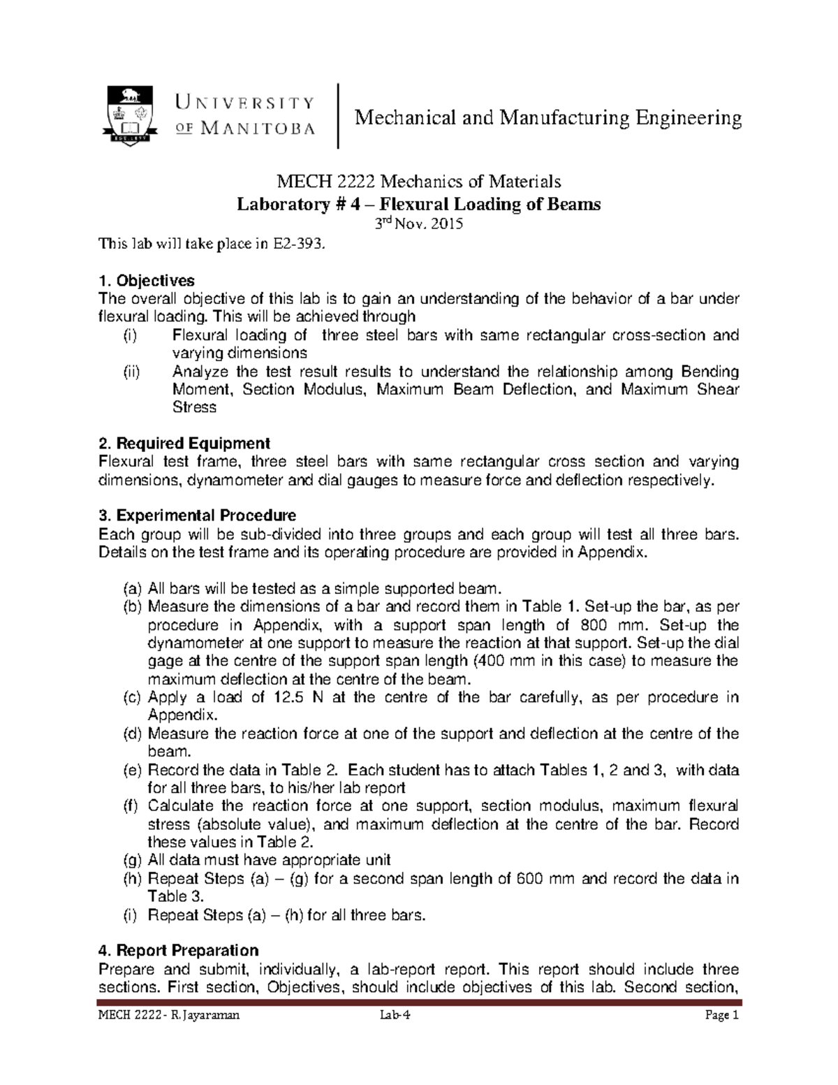 Lab-4-Instruction - MECH 2222 Mechanics of Materials Laboratory # 4 ...