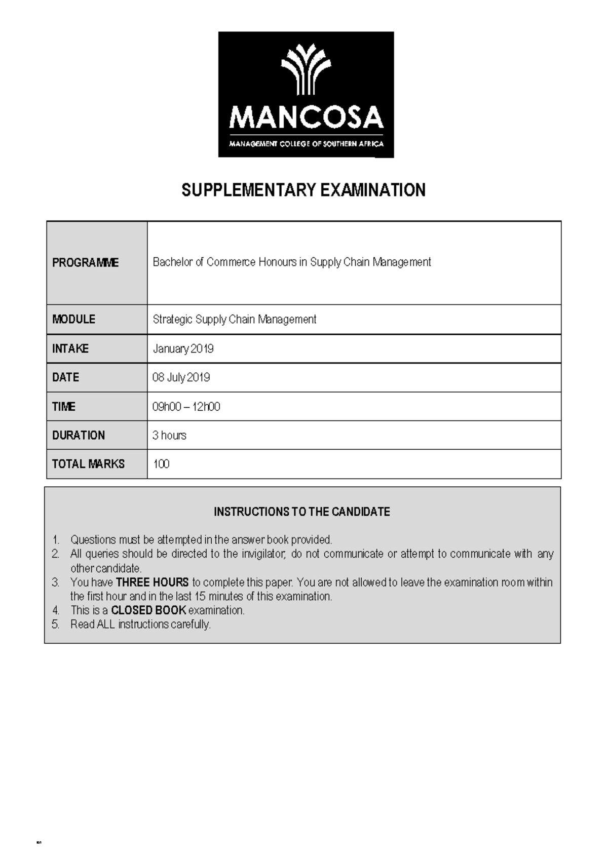 BCH SMC Paper Supl Exam 2019 (Mancosa) - SUPPLEMENTARY EXAMINATION ...