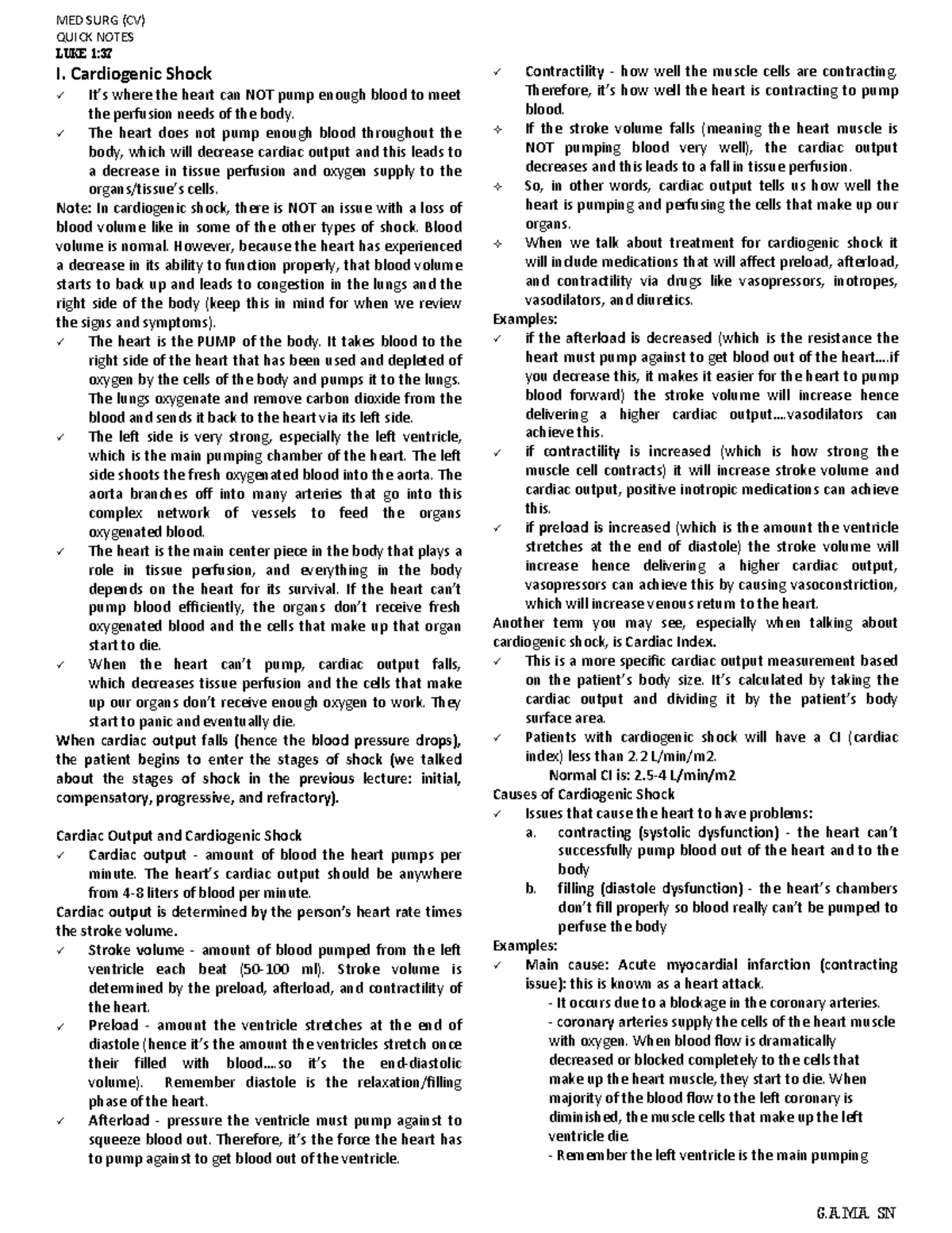 MED SURG Cardiogenic Shock Notes QUICK NOTES LUKE 1 I. Cardiogenic Shock It’s where the heart