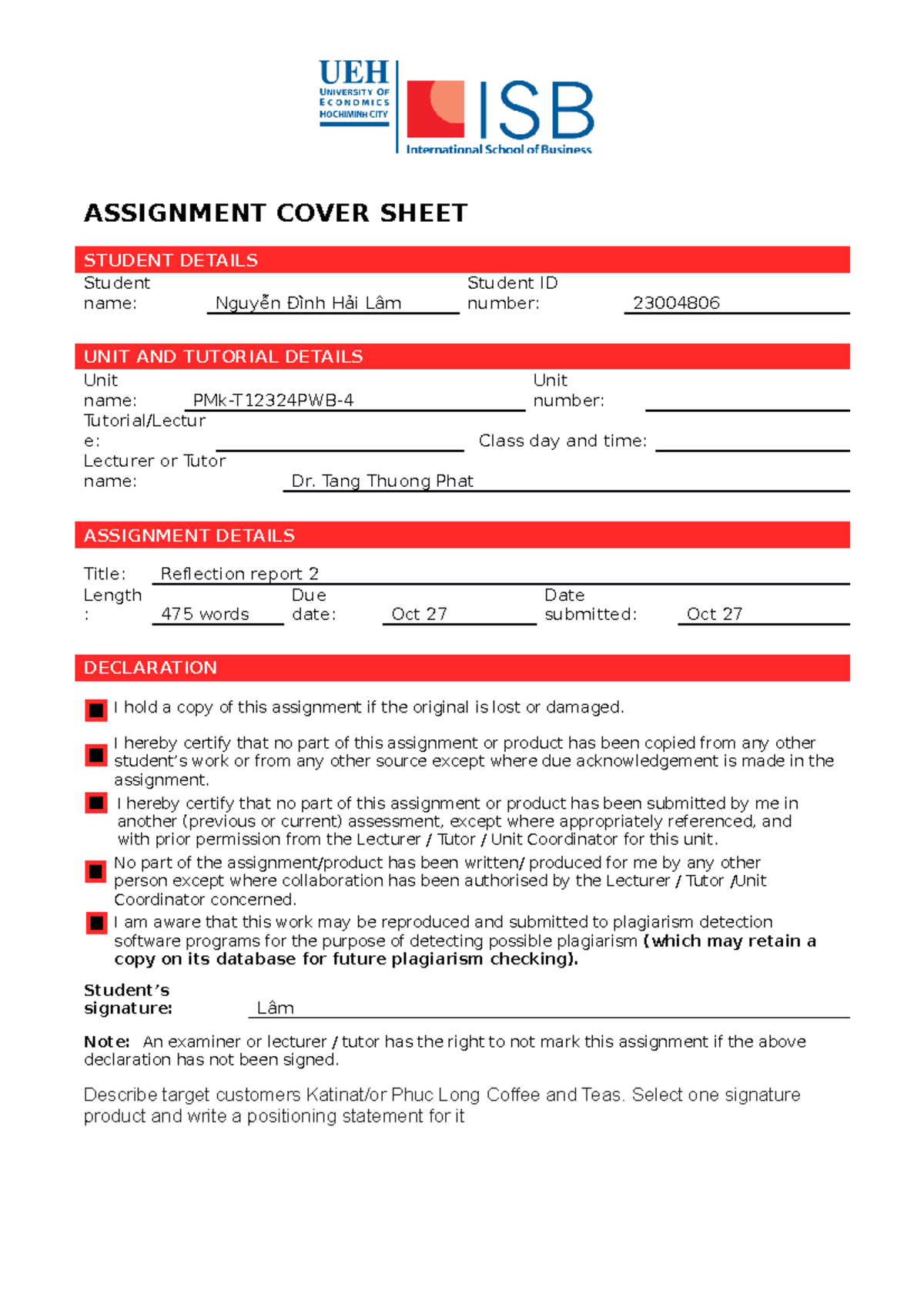 Reflection report #2 - ASSIGNMENT COVER SHEET STUDENT DETAILS Student ...