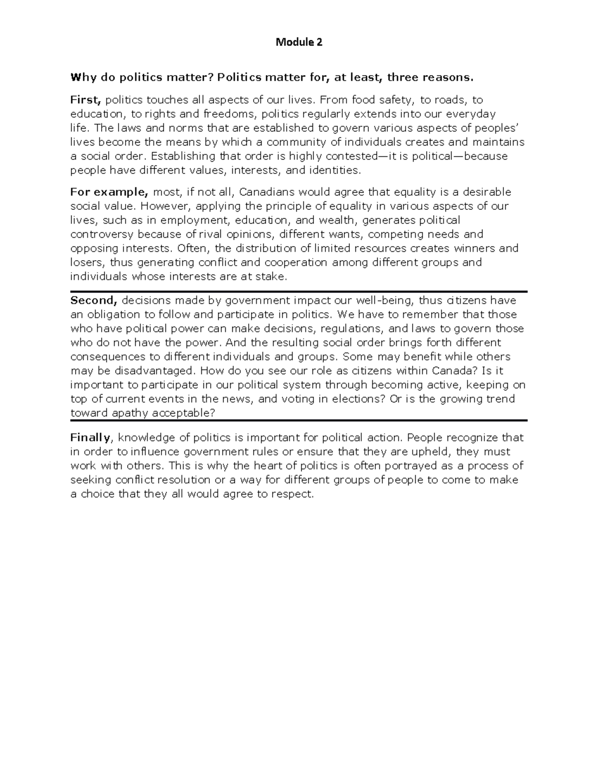 Module 2 - Why do politics matter? - First, politics touches all ...