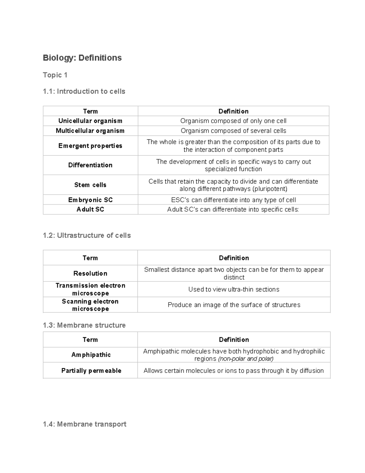 Biology Definitions - Biology: Definitions Topic 1 1: Introduction to ...