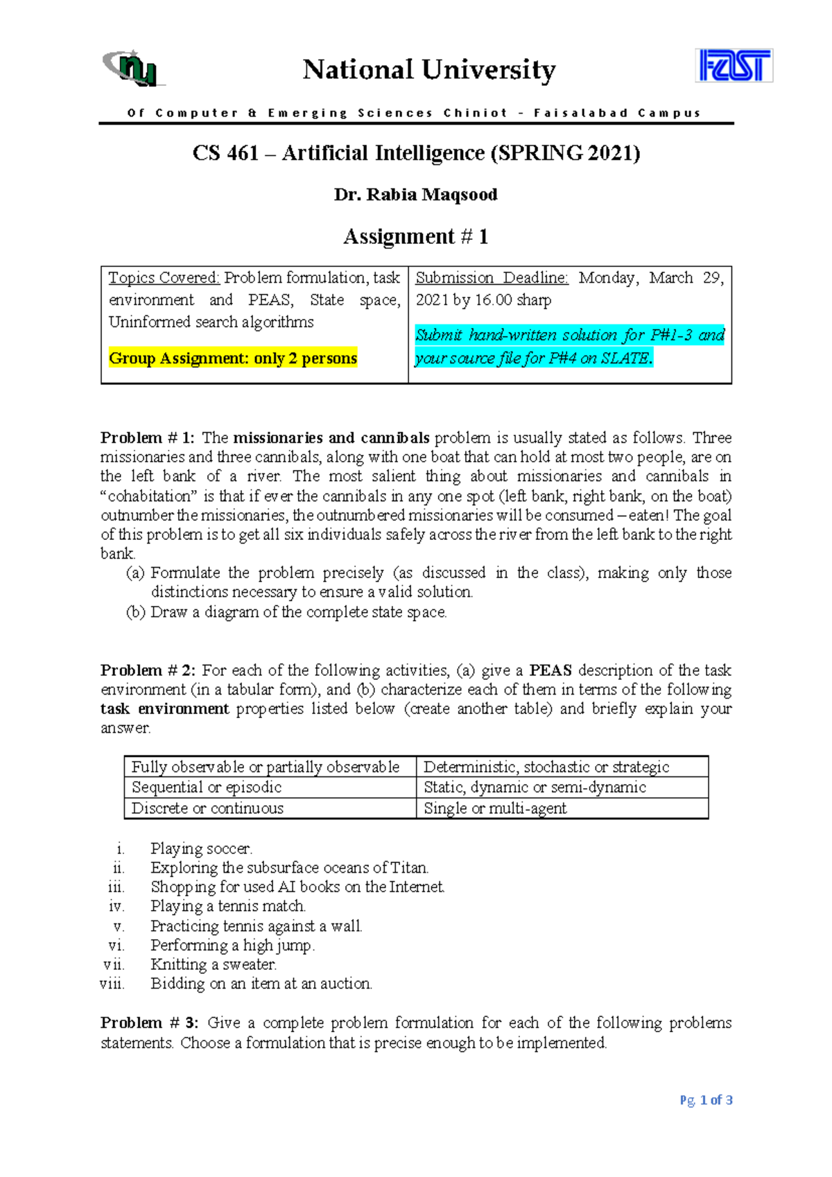 CS 461Spring 2021 Artificial IntelligenceA1 Artifical Intelligence