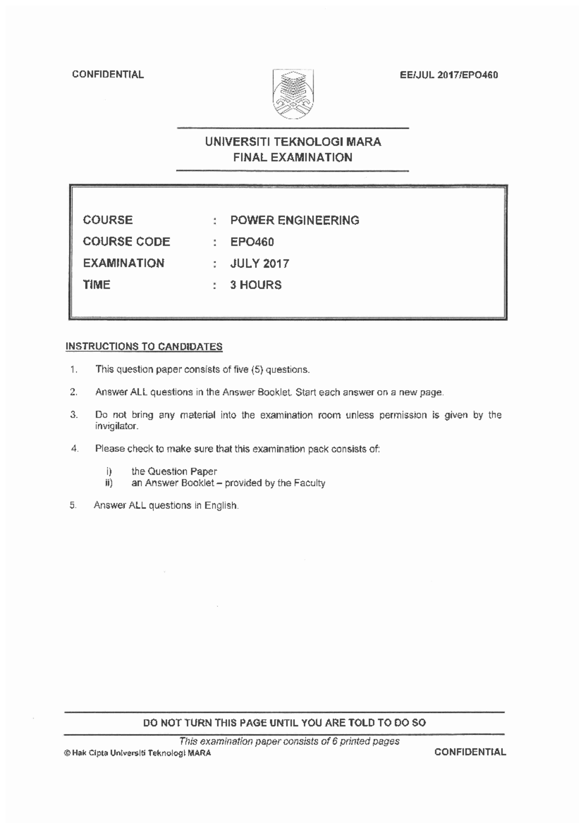 Faculty Electrical Engineering 2017 Session 2 Degree EPO460 Power