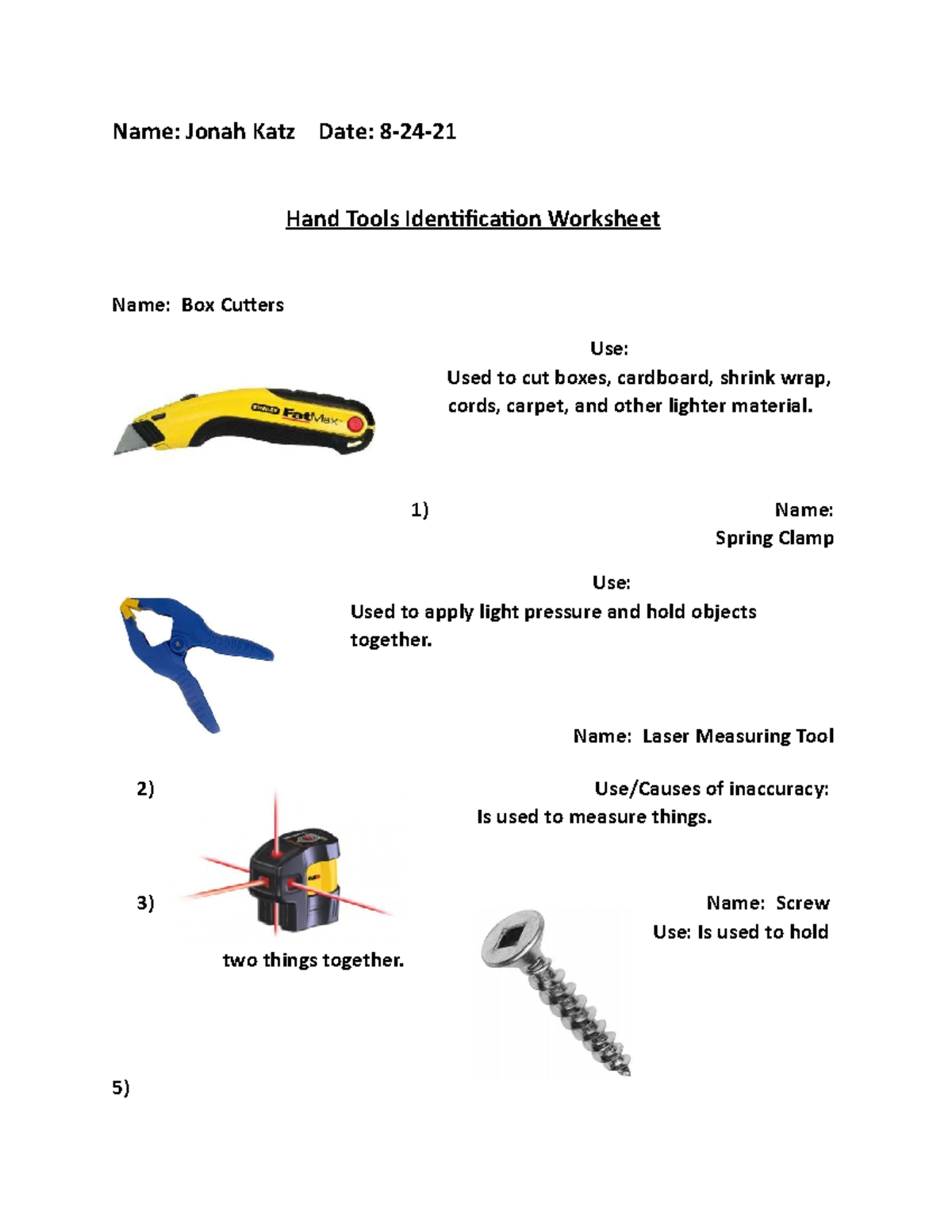 Handtool Identification Worksheet Name Jonah Katz Date 8 24 Hand