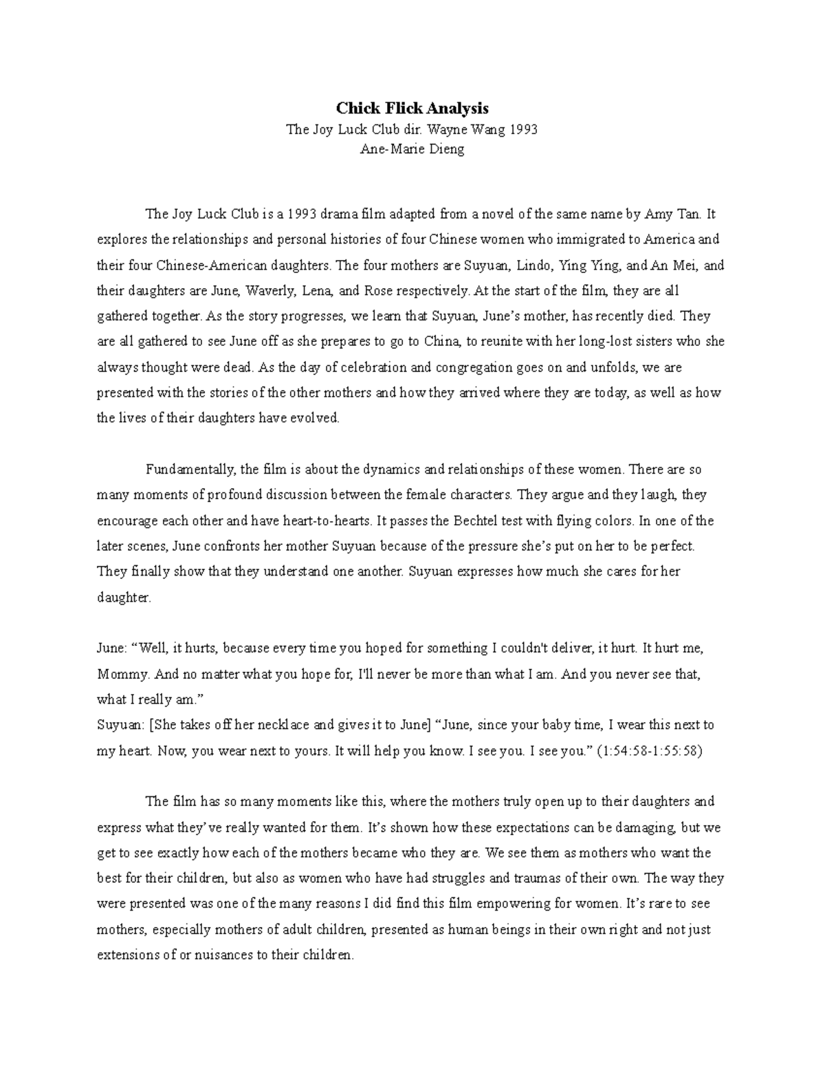 Joy Luck Club Analysis Chick Flick Analysis The Joy Luck Club dir