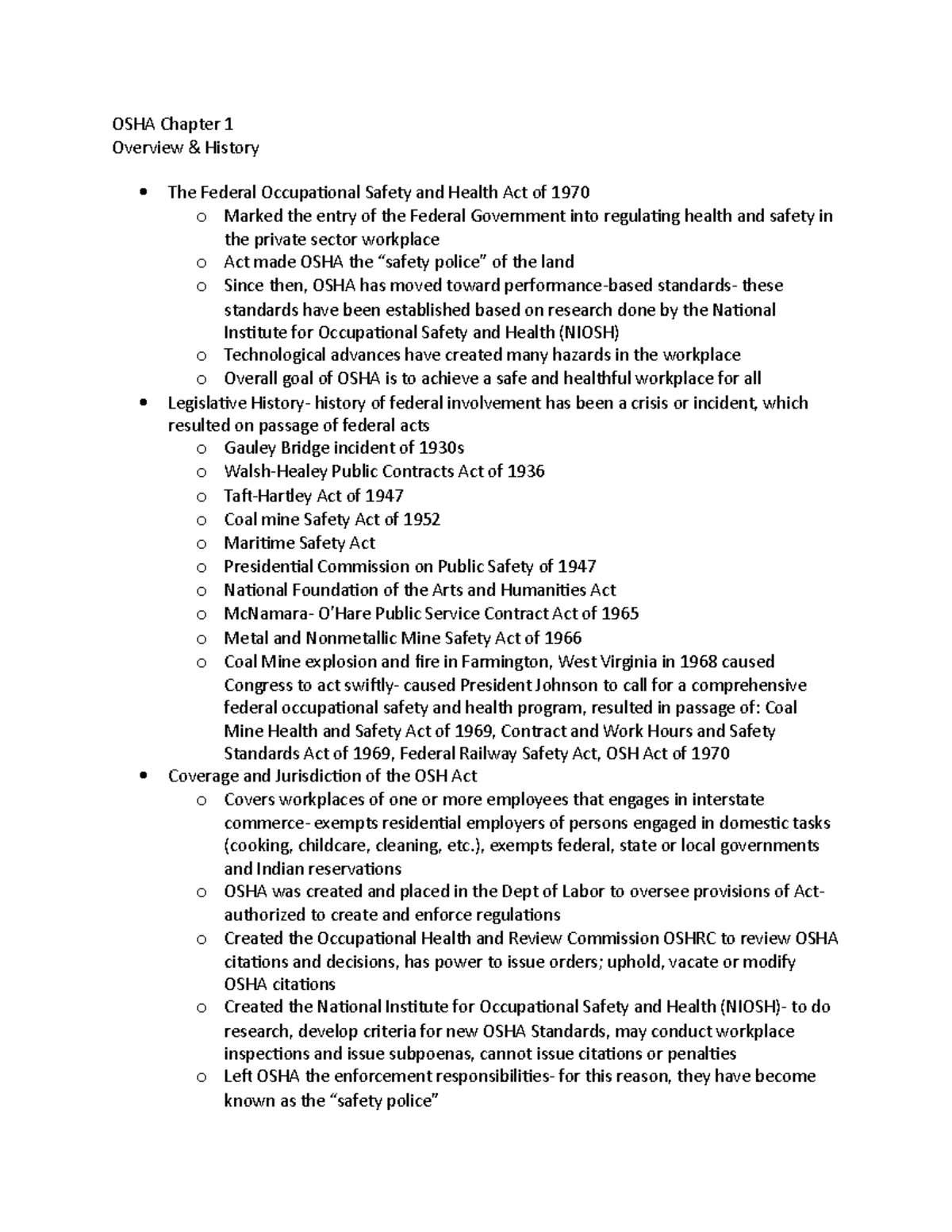 OSHA Chapter 1 Overview History - Studocu