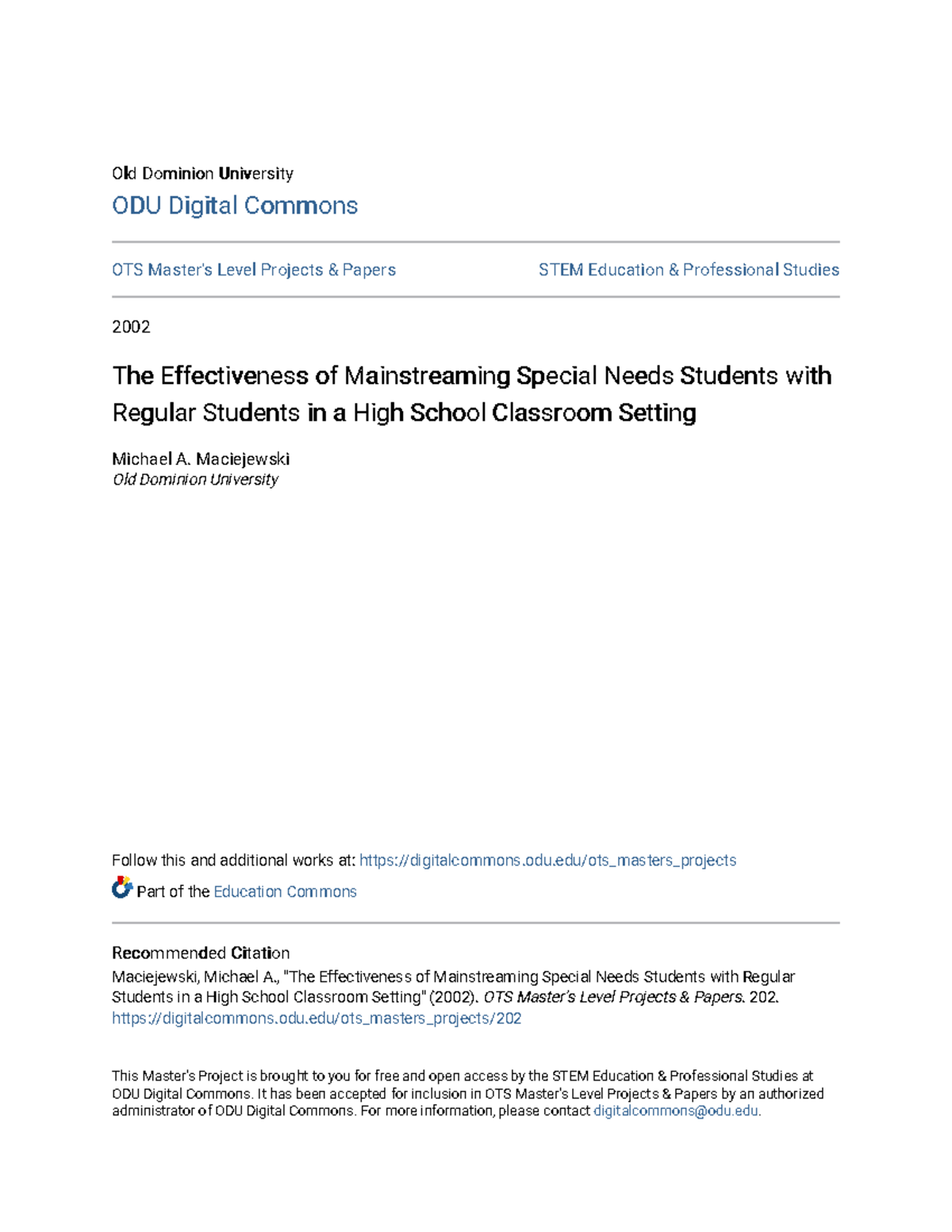 The Effectiveness of Mainstreaming Special Needs Students with Re ...