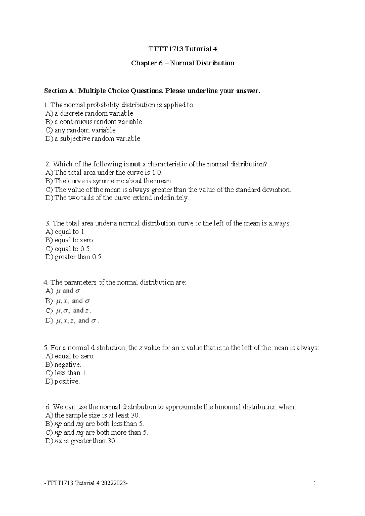 Tutorial 4 Chapter 6 - Statistics -TTTT1713 Tutorial 4 20222023- 1 ...