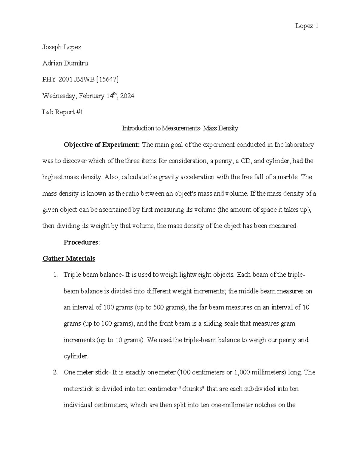 Lab Report Introduction to Measurements Mass Density Joseph Lopez