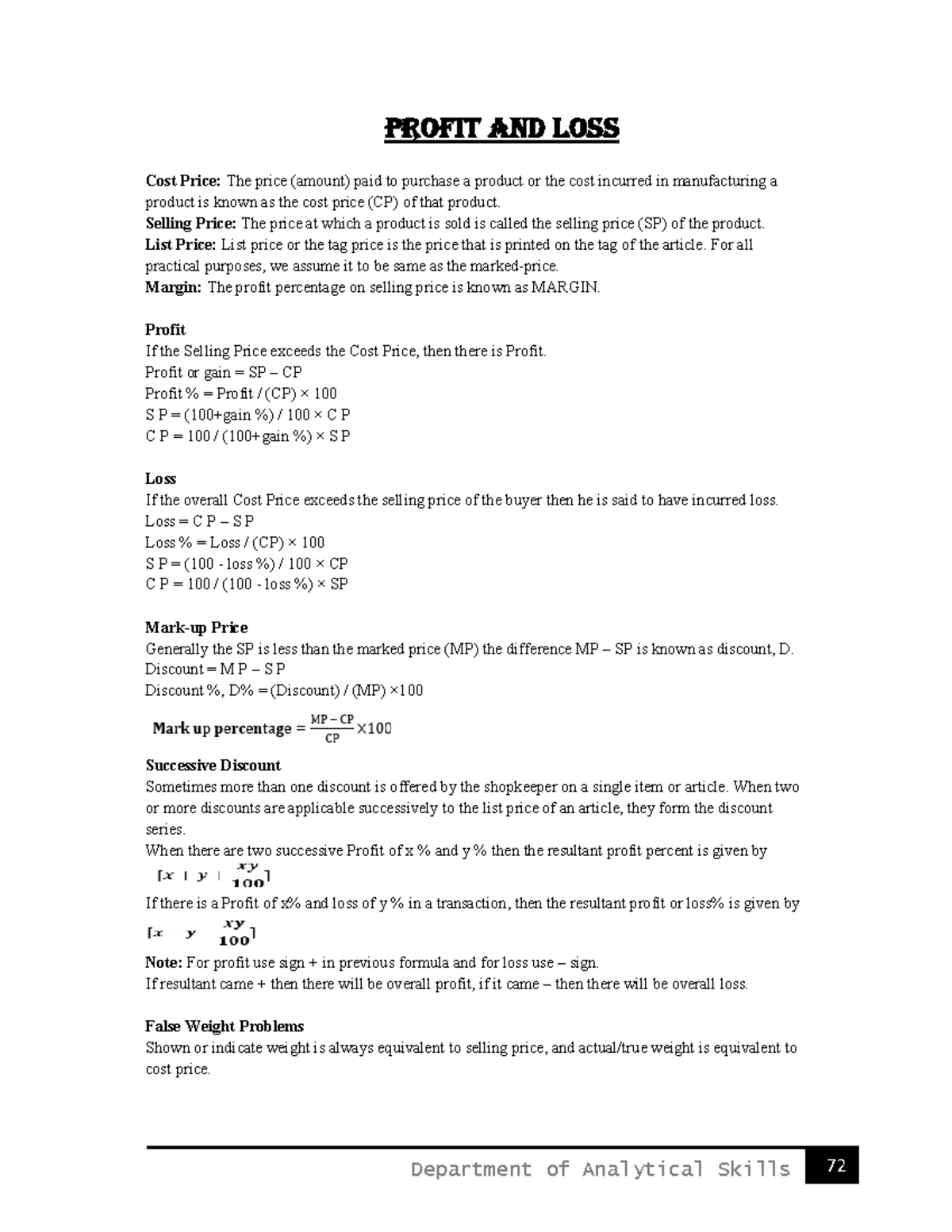 7 Profit Loss - PROFIT AND LOSS Cost Price: The price (amount) paid to