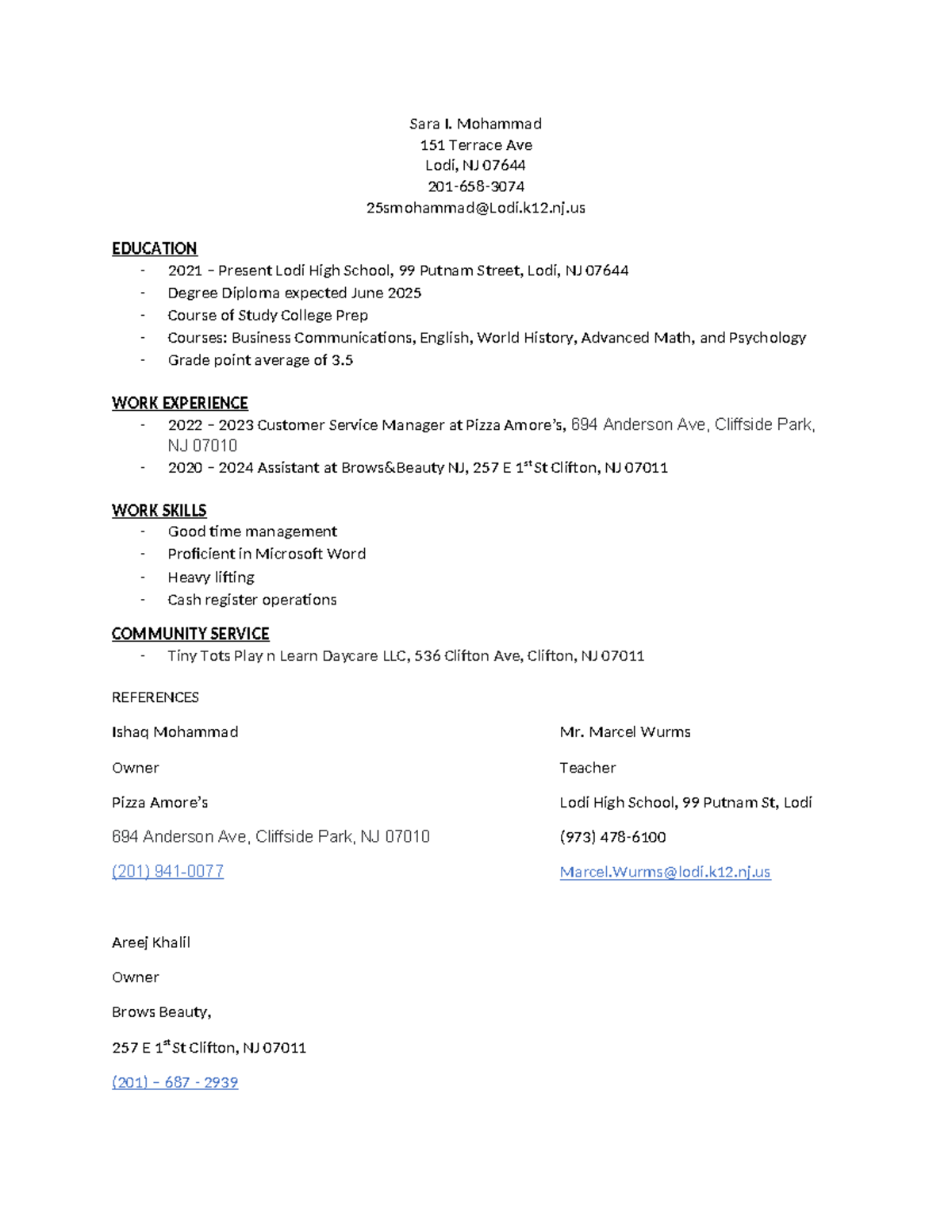 Job Resume - Work - Sara I. Mohammad 151 Terrace Ave Lodi, NJ 07644 201 ...