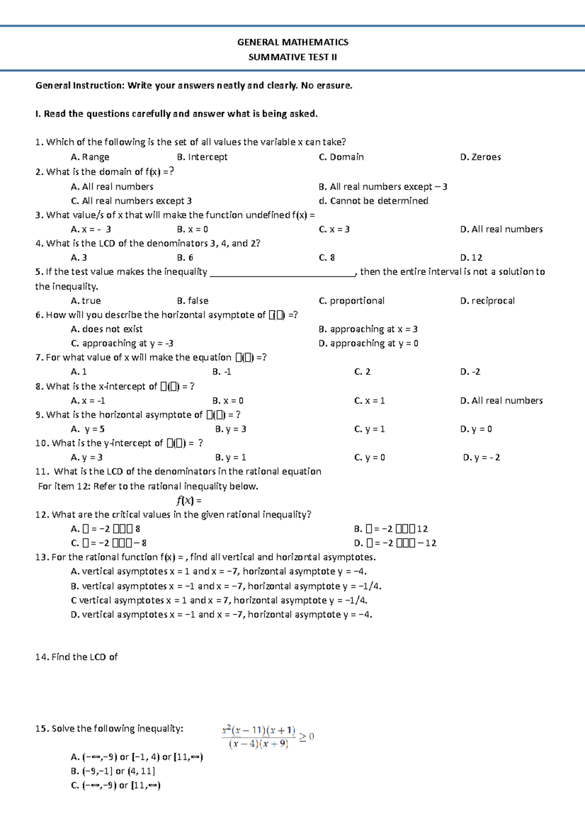 Stem B Summative Test Ii - GENERAL MATHEMATICS SUMMATIVE TEST II ...