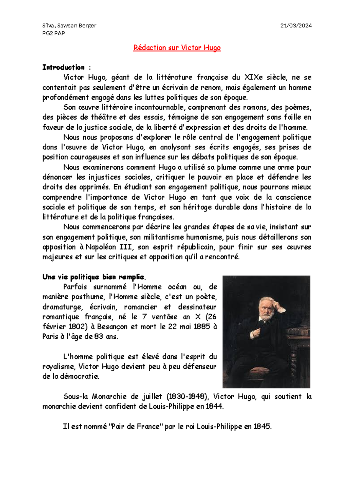 Rédaction sur Victor Hugo Sawsan Silva Berger - PG2 PAP Rédaction sur ...