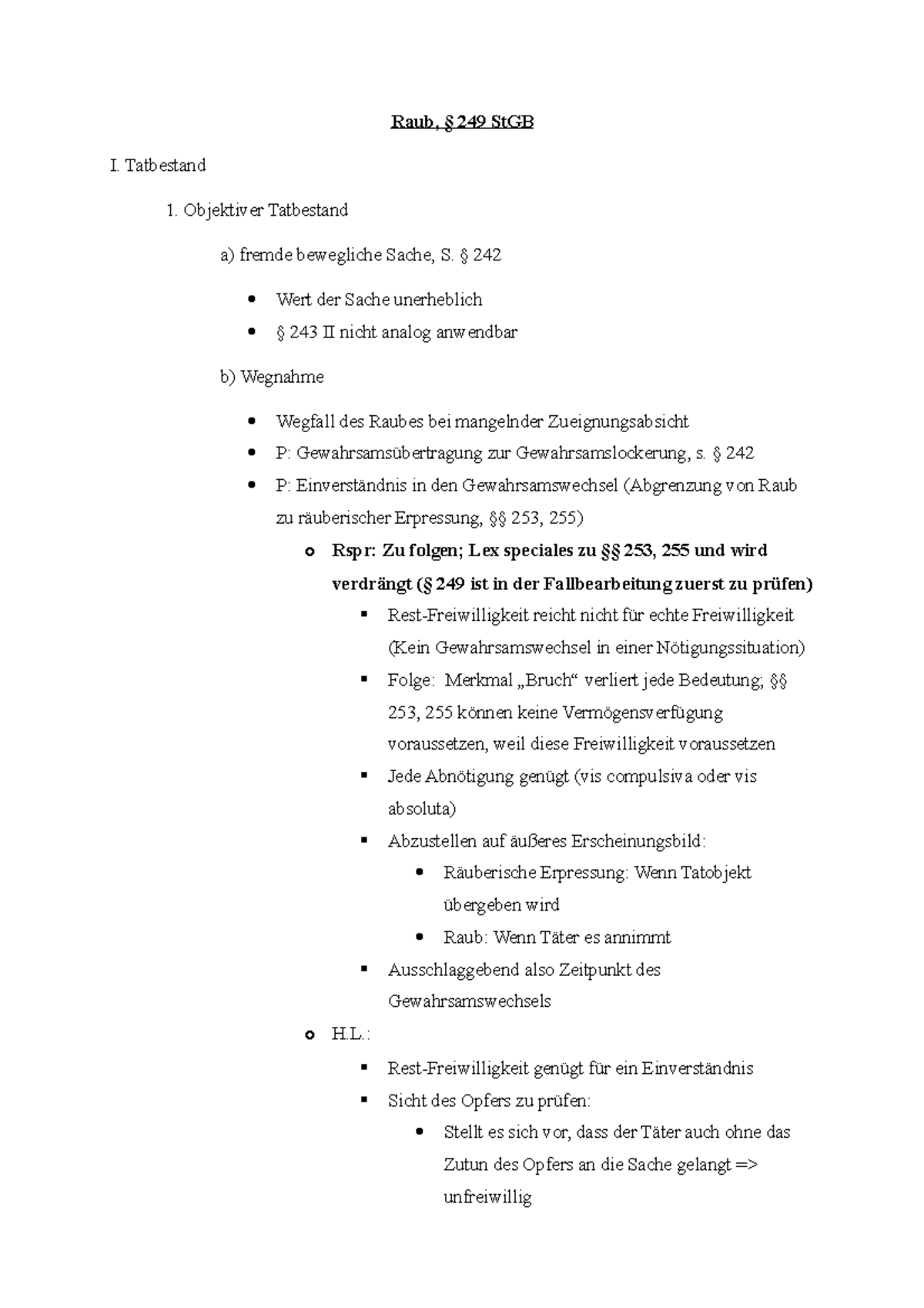 Schema zum Raub, § 249 StGB - Raub, § 249 StGB I. Tatbestand Objektiver ...