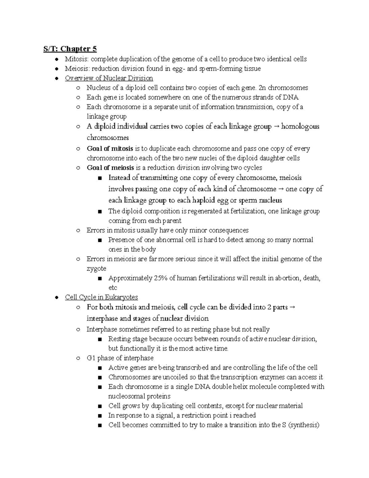 Genetics Textbook Summaries - Chapter 5 Mitosis: complete duplication ...