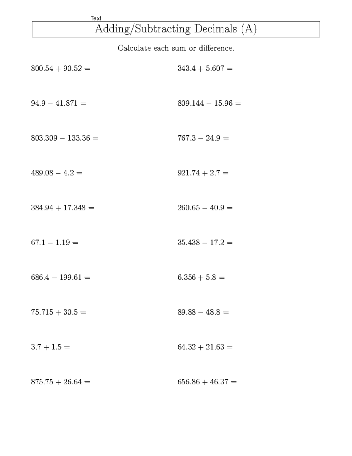 Addition And Subtraction Of Decimals Practice Qoestions With Answers 
