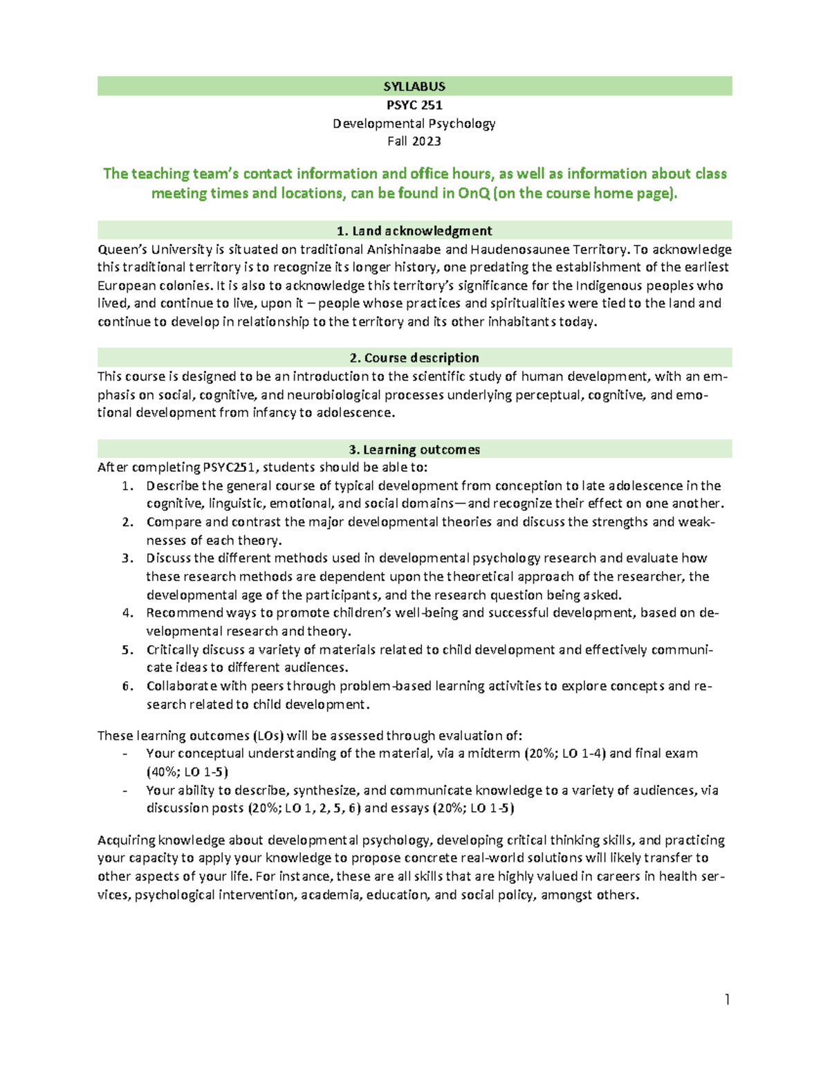 Psyc 251 notes for class - SYLLABUS PSYC 251 Developmental Psychology ...