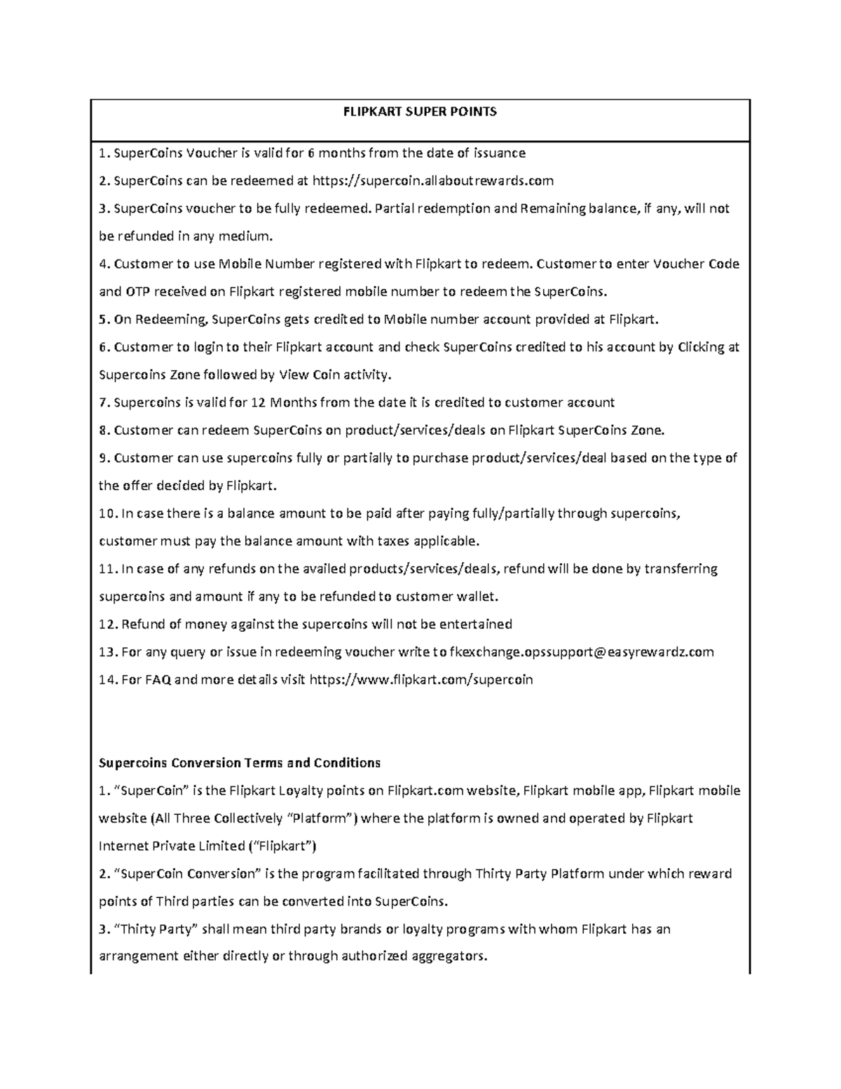Terms and Conditions FLIPKART SUPER POINTS SuperCoins Voucher is