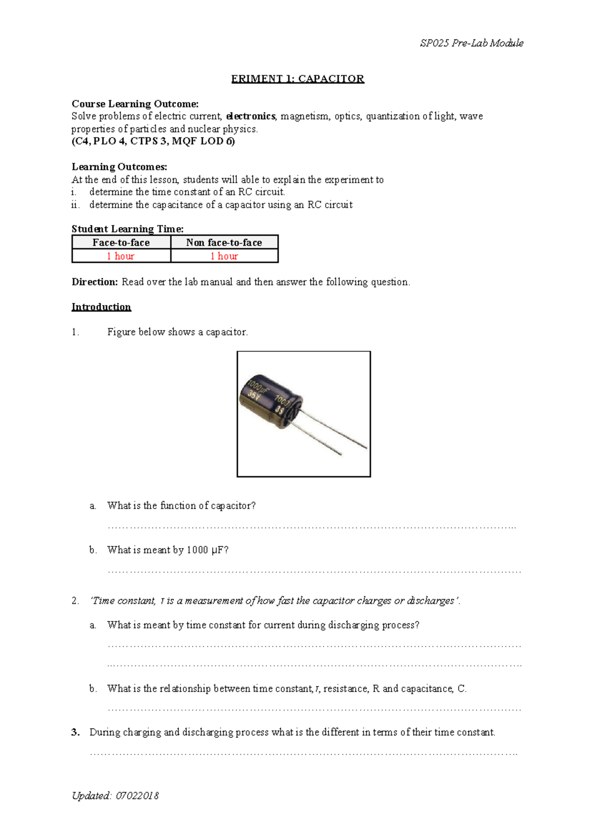 PreLab SP025 lab experiments ERIMENT 1 CAPACITOR Course Learning Solve problems
