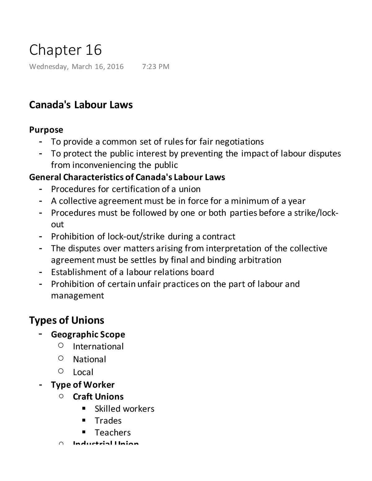 Chapter 16 - Chapter 16 - Labour Relations Intro to Labour Relations ○  Labour Union: Officially - Studocu