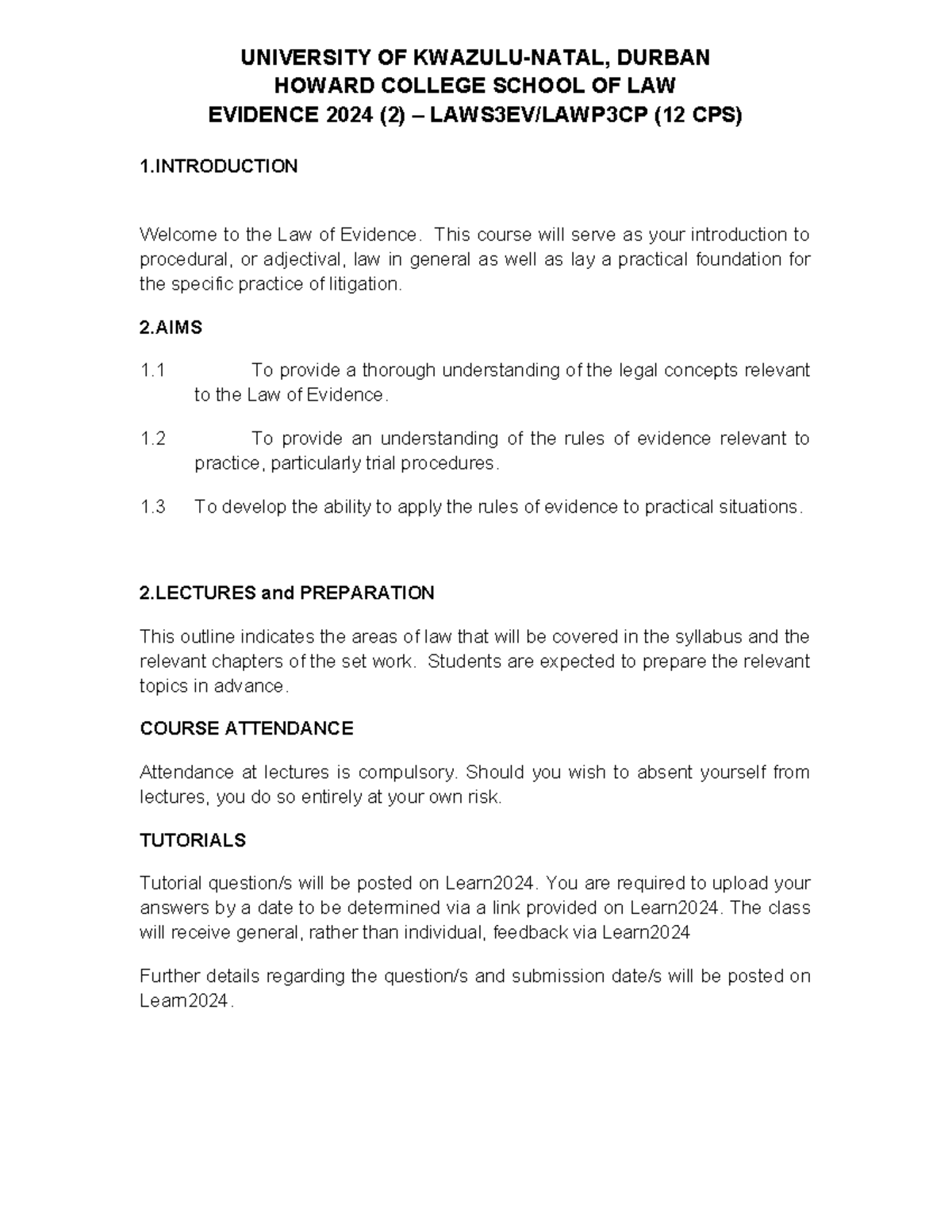 Evidence Course Outline 2024 - UNIVERSITY OF KWAZULU-NATAL, DURBAN ...