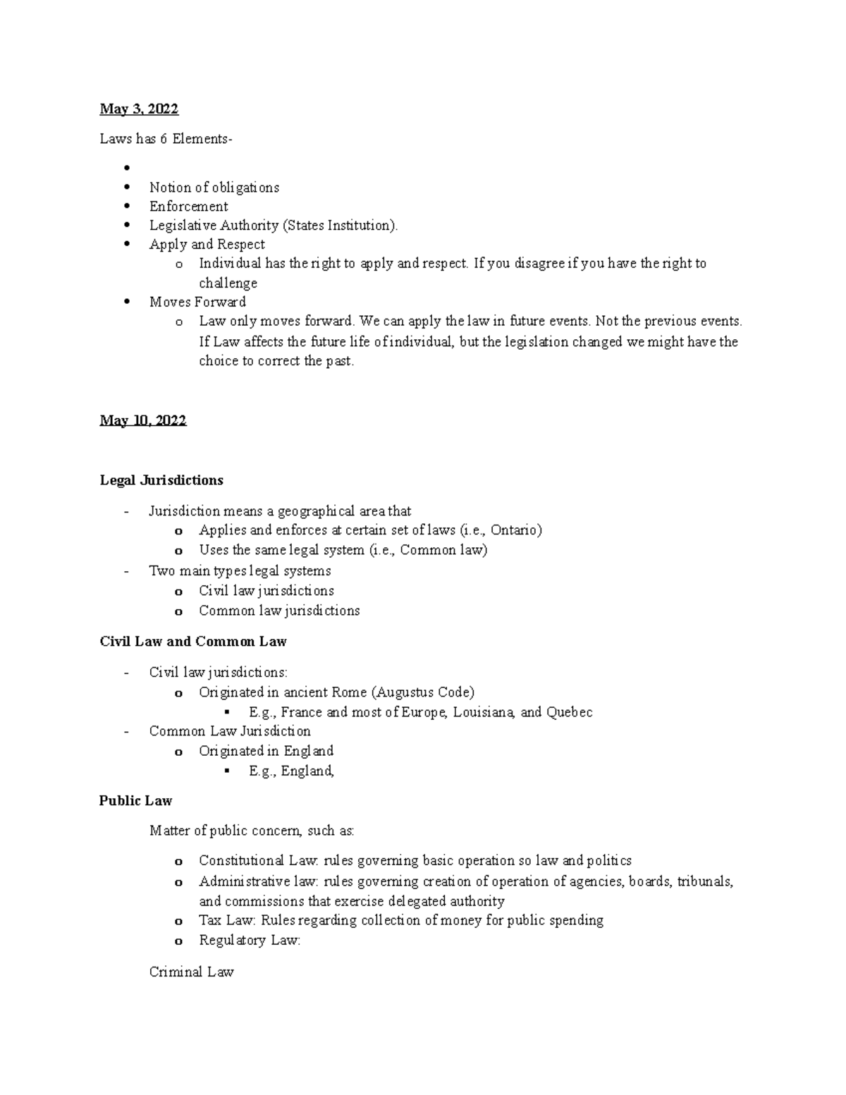 Business Law Daily Notes May 3, 2022 Laws has 6 Elements Notion of
