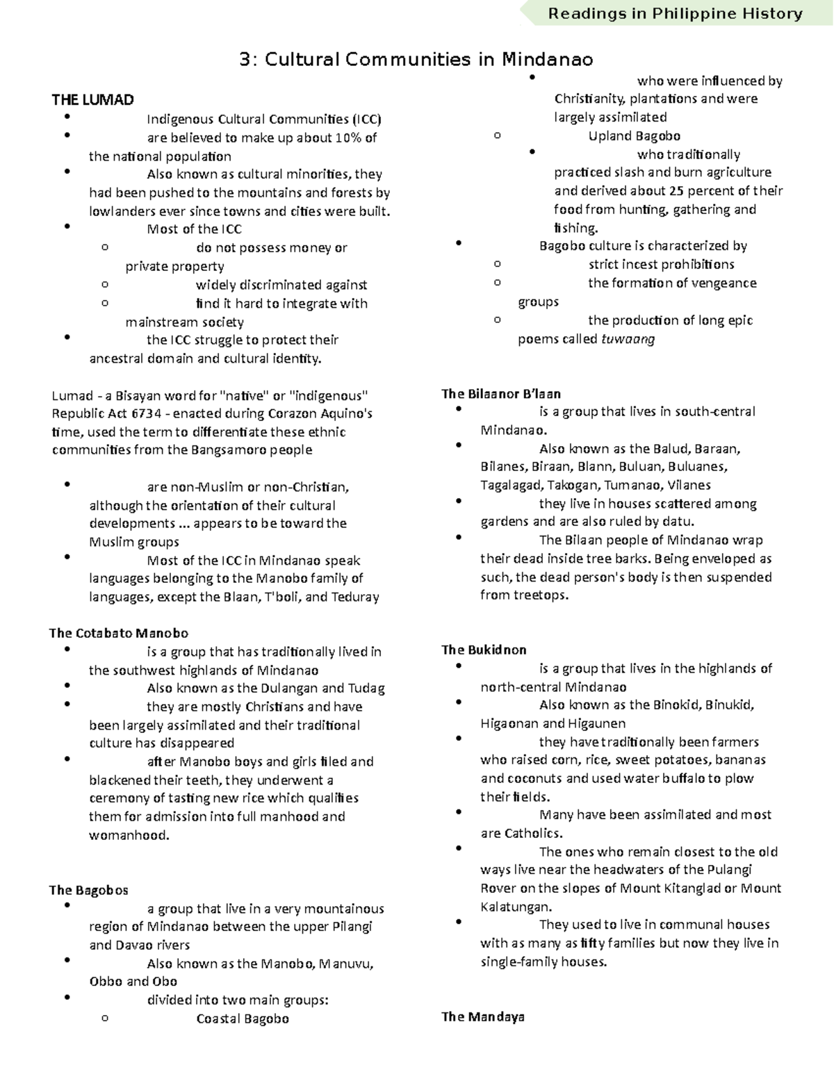 3. Cultural Communities in Mindanao - Most of the ICC o do not possess ...