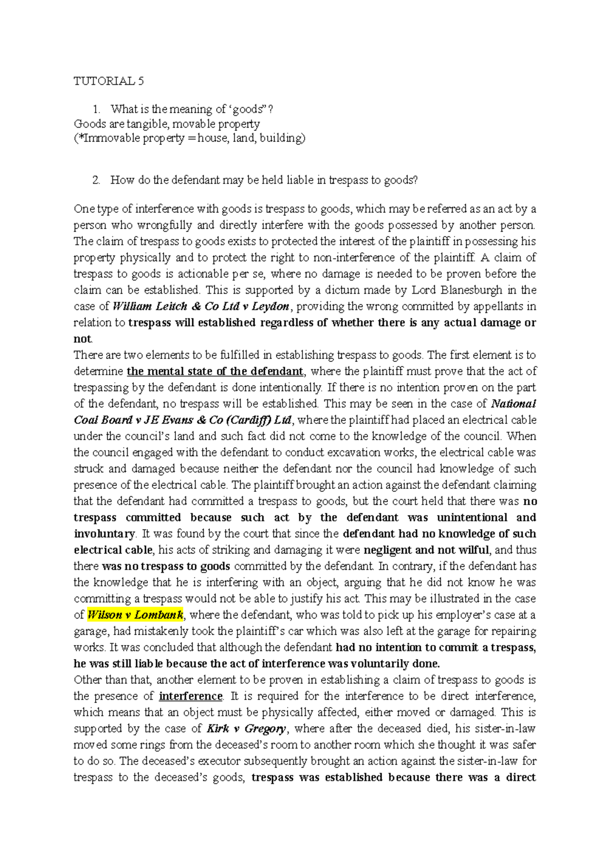 Tutorial 5 1 What Is The Meaning Of goods 2 How Do The Defendant 