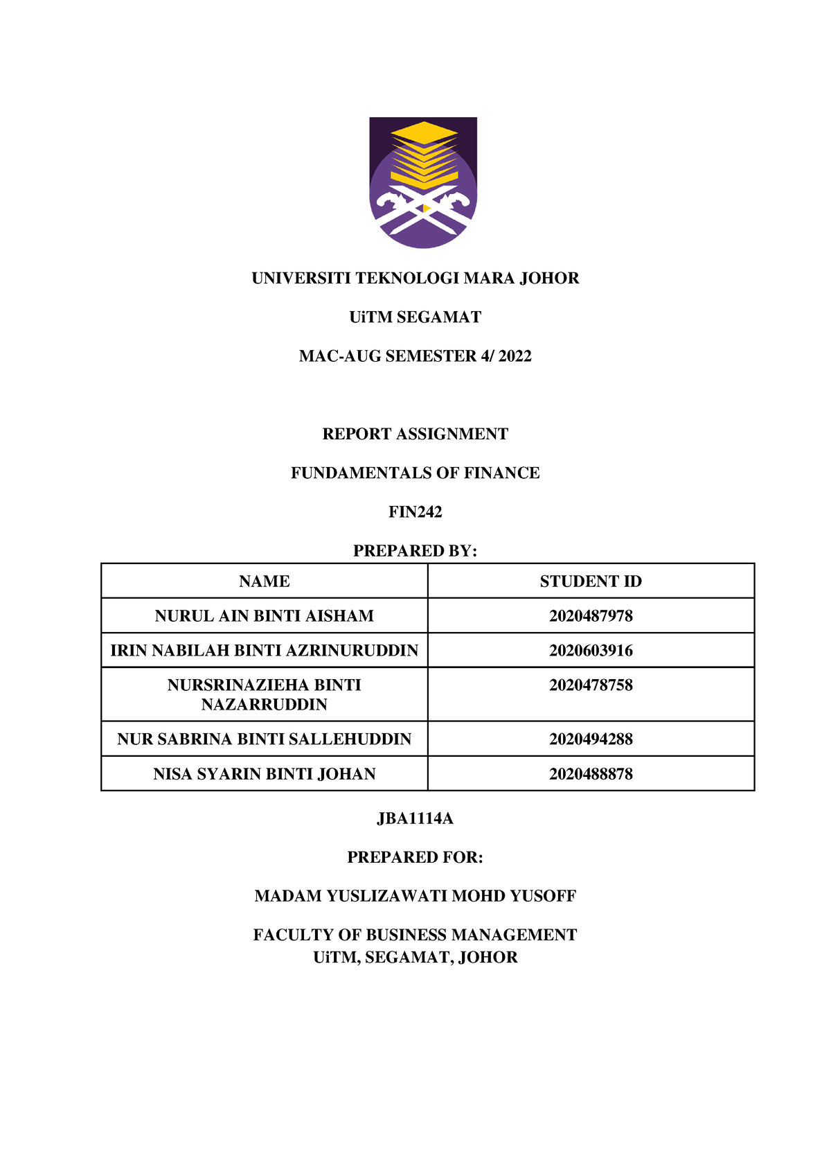 FIN242-Report Assignment (Financial Analysis) - UNIVERSITI TEKNOLOGI ...