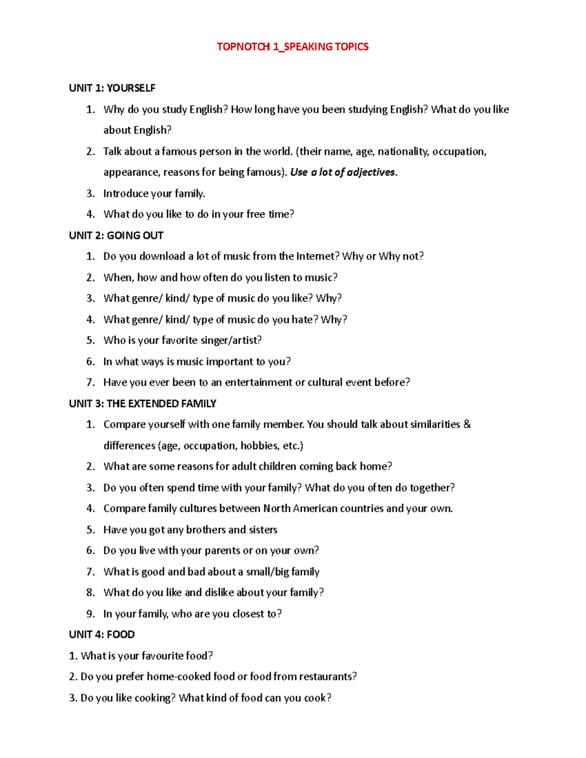 TOP Notch 1 Speaking Topics Top Notch 1 FPT Studocu