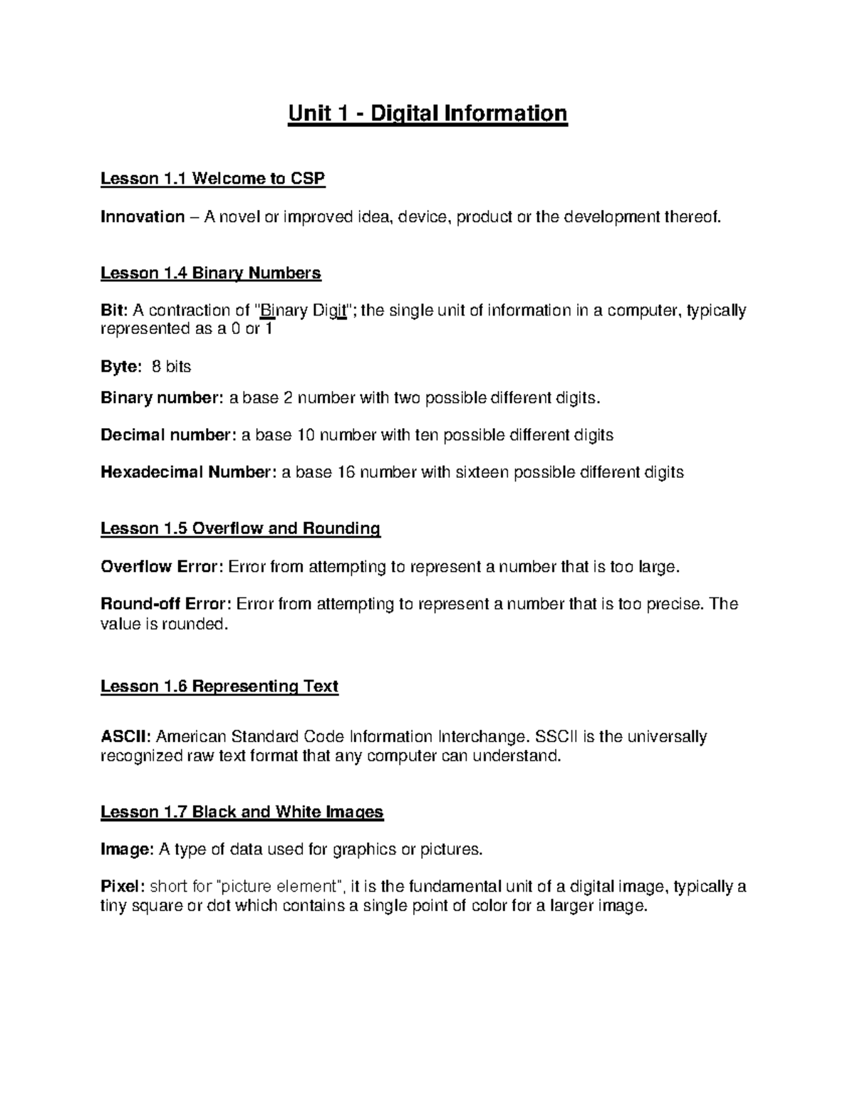 2024+ Apcsp+Vocabulary+Semester 1 Unit 1 Digital Information Lesson