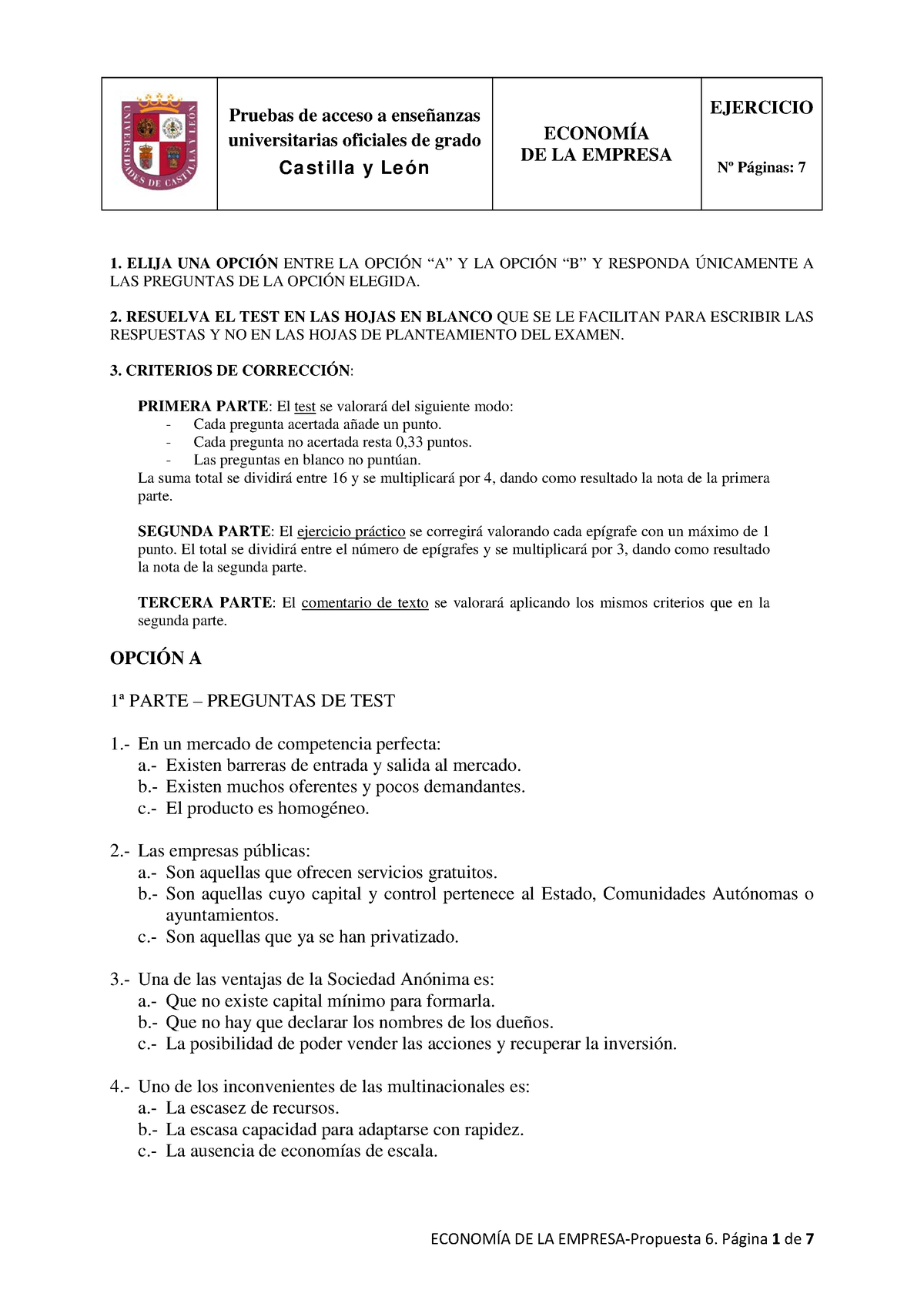 Economía Empresa Sept 2014 - ELIJA UNA OPCIÓN ENTRE LA OPCIÓN “A” Y LA ...