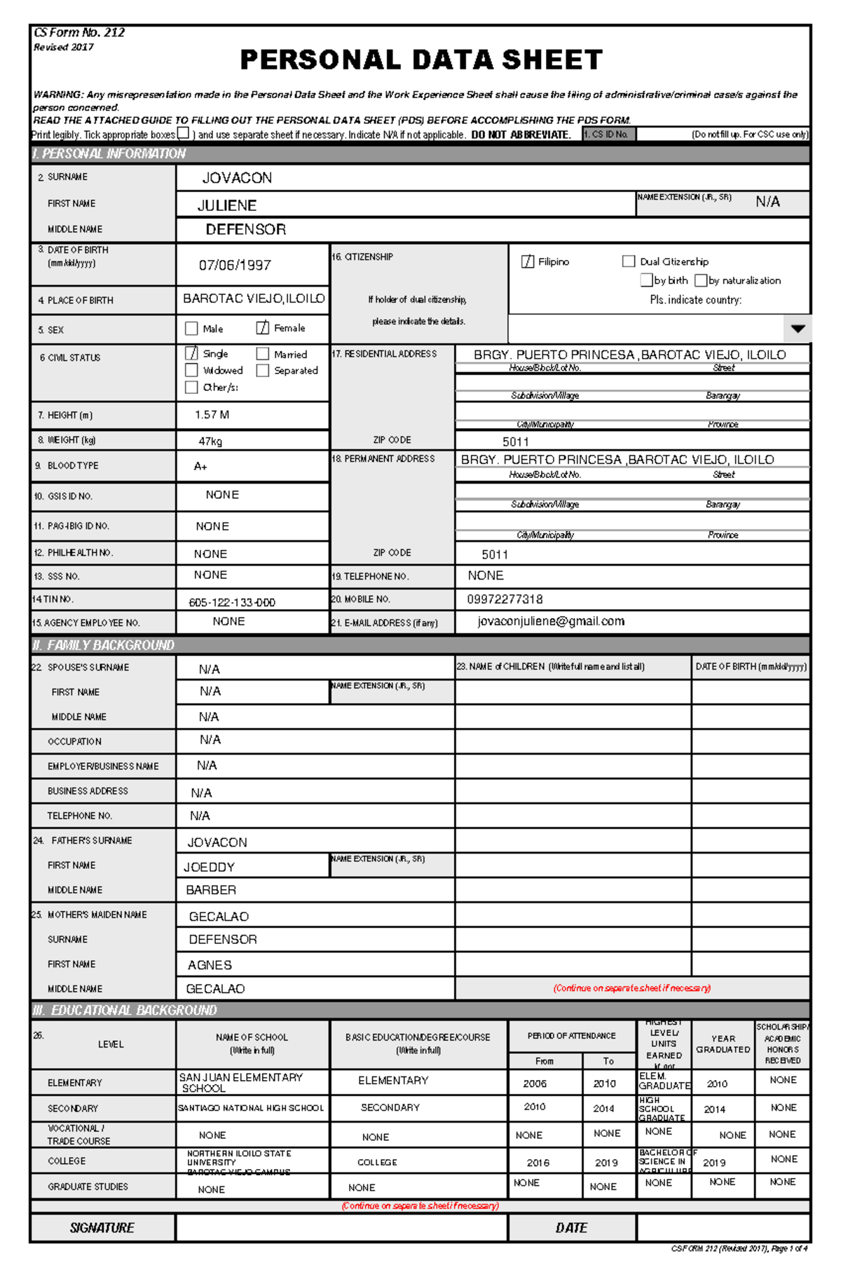 Personal Data Sheet CS Form No - Print legibly. Tick appropriate boxes ...