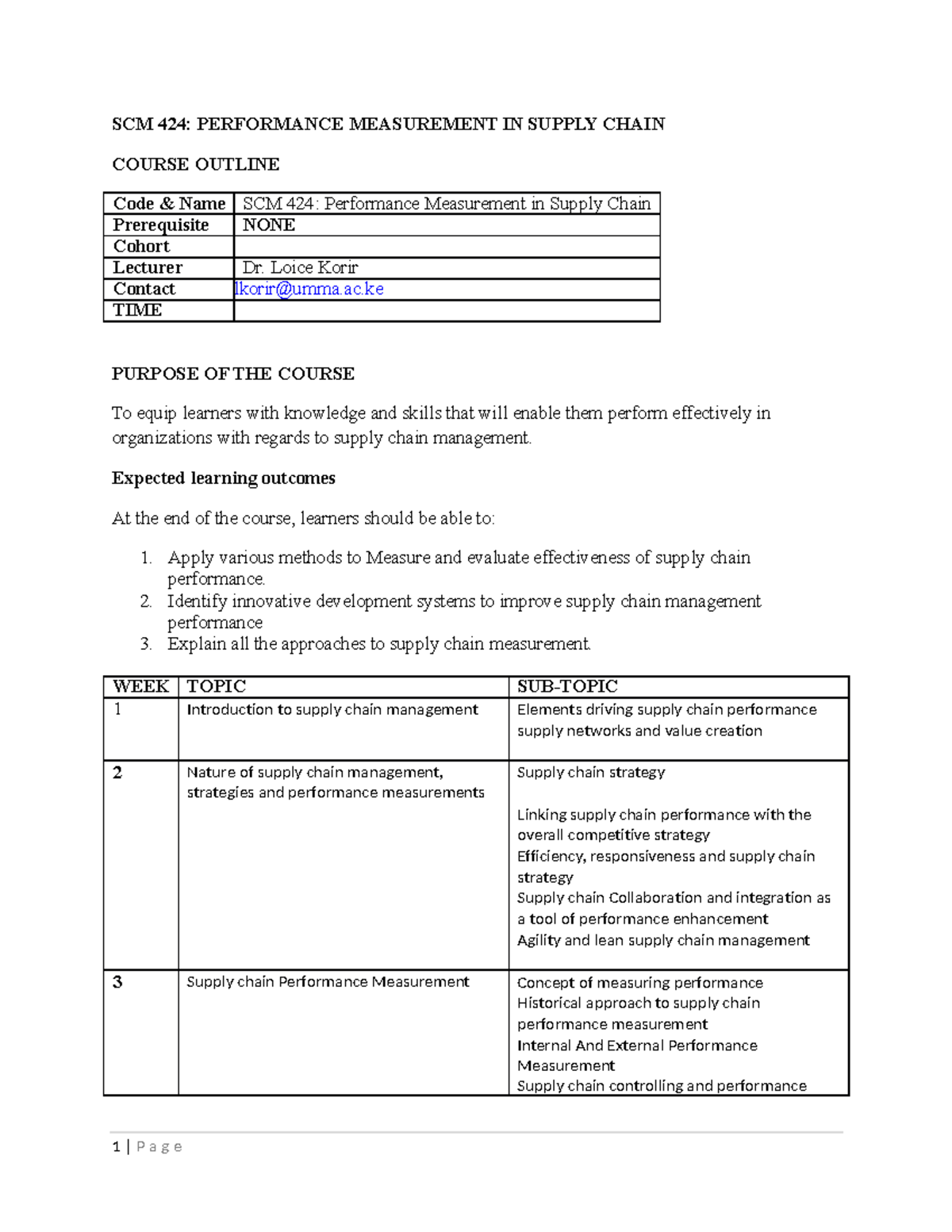 Course Outline- scm 424 Performance Measurementp - SCM 424: PERFORMANCE ...