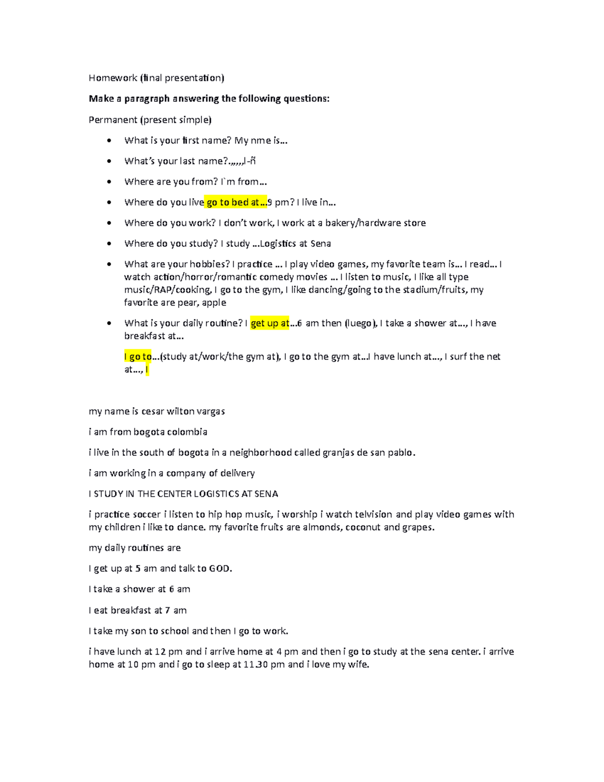 Homework Ingles Final - Homework (final presentation) Make a paragraph ...