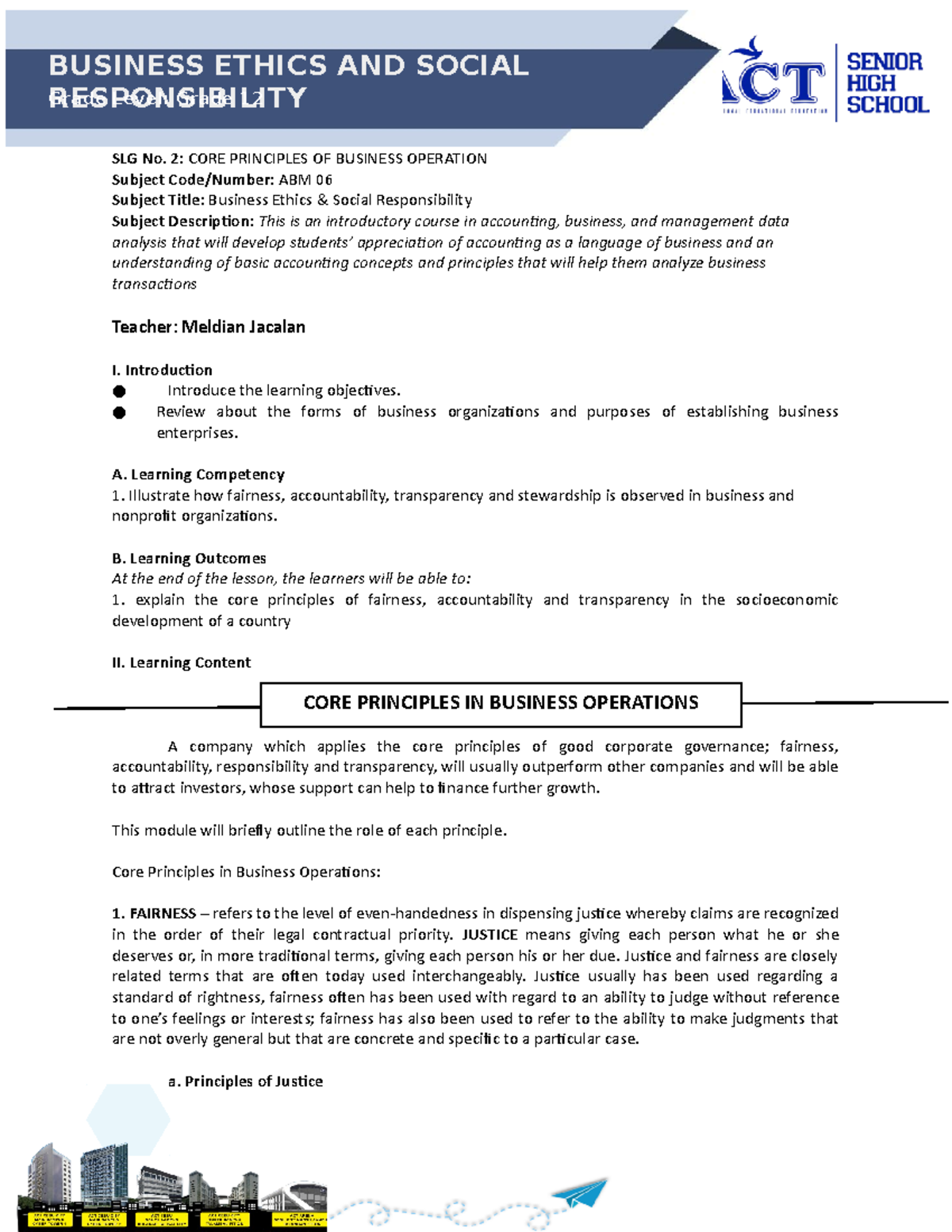 Business Ethics Module 2 - SLG No. 2: CORE PRINCIPLES OF BUSINESS ...