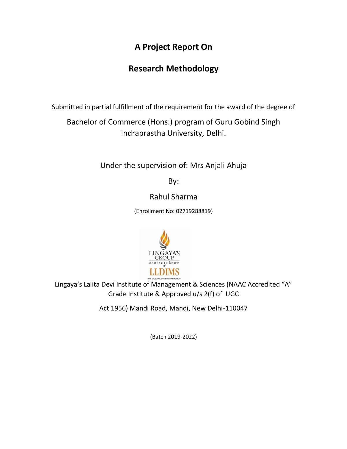 project report on research methodology