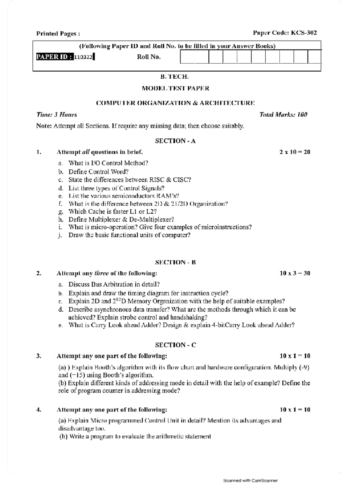 Coa model paper 2022-2023 - B.tech - Studocu