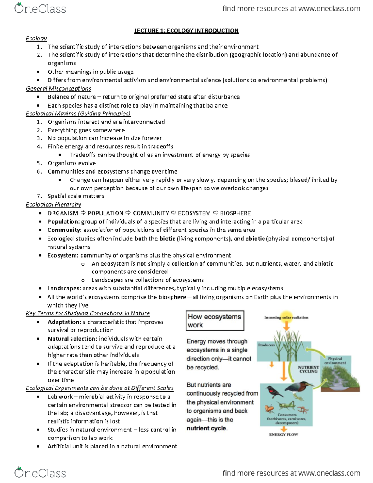 Ecology-notes - LECTURE 1: ECOLOGY INTRODUCTION Ecology 1. The ...