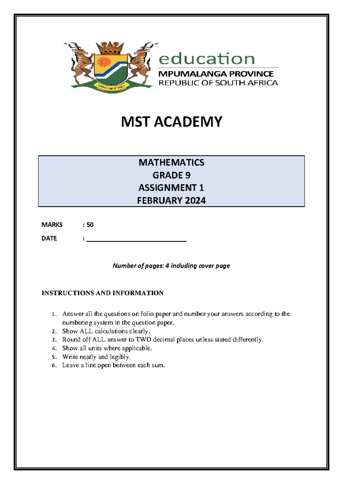 mathematics grade 9 assignment 1 february