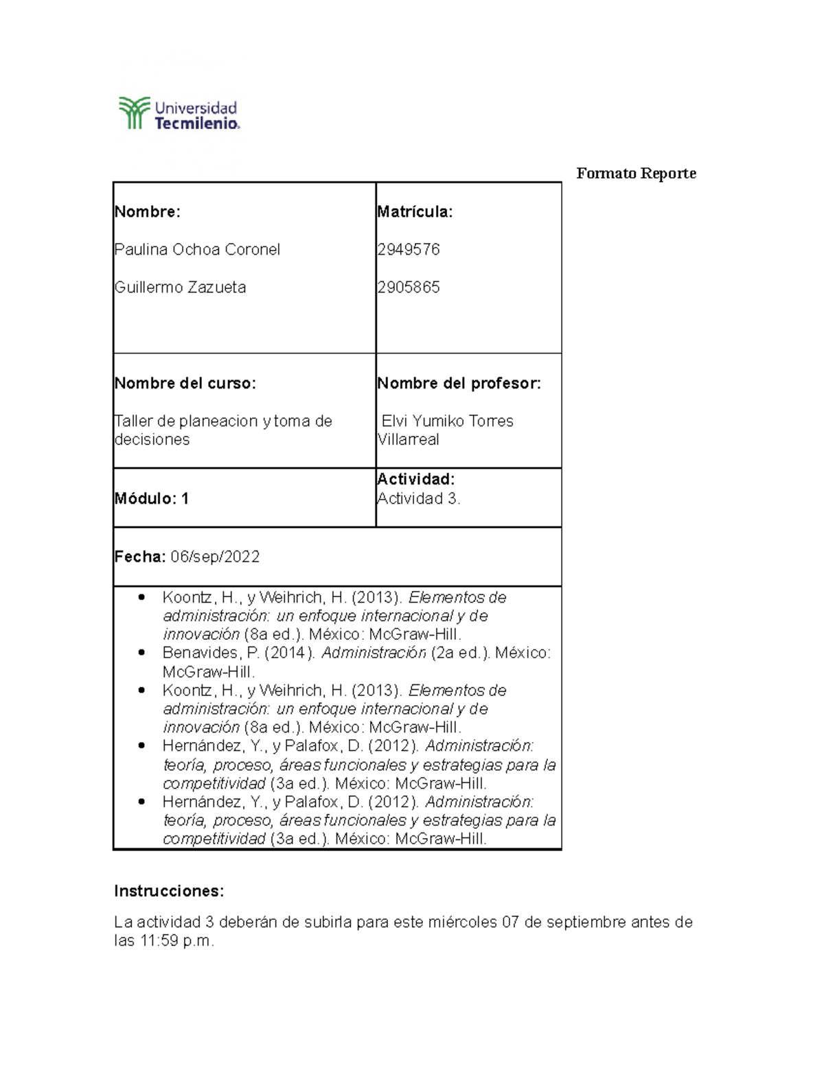 Actv 3 taller de planeacion y toma de decisiones - Formato Reporte ...