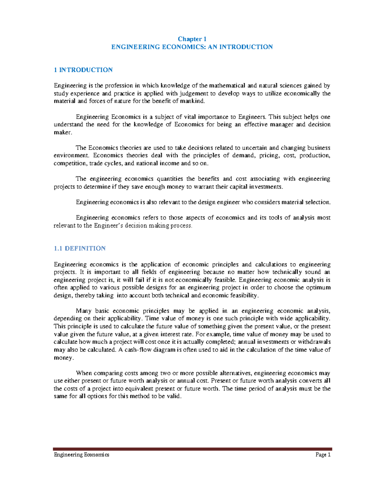 Engineering Economics Lecture Notes - Chapter 1 ENGINEERING ECONOMICS ...
