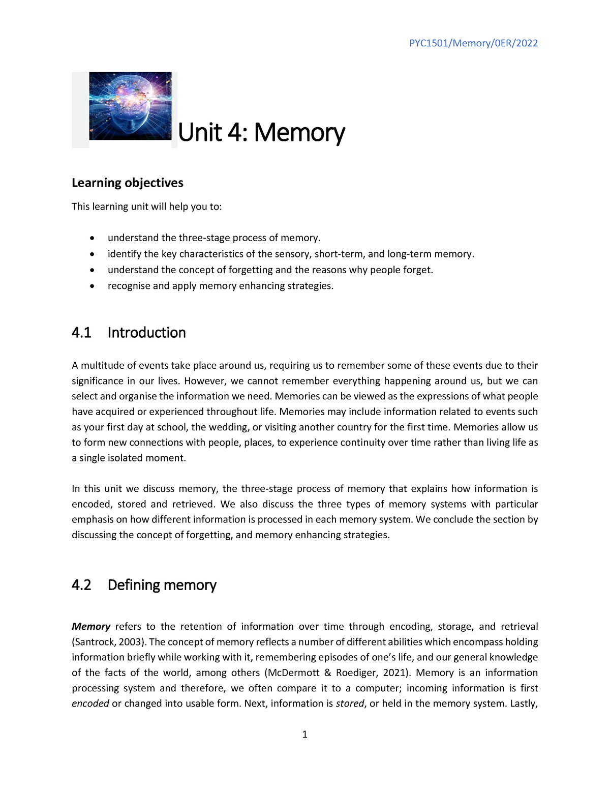 PYC1501 Unit 4 Memory OER 2022 - Unit 4 : Memory Learning Objectives ...