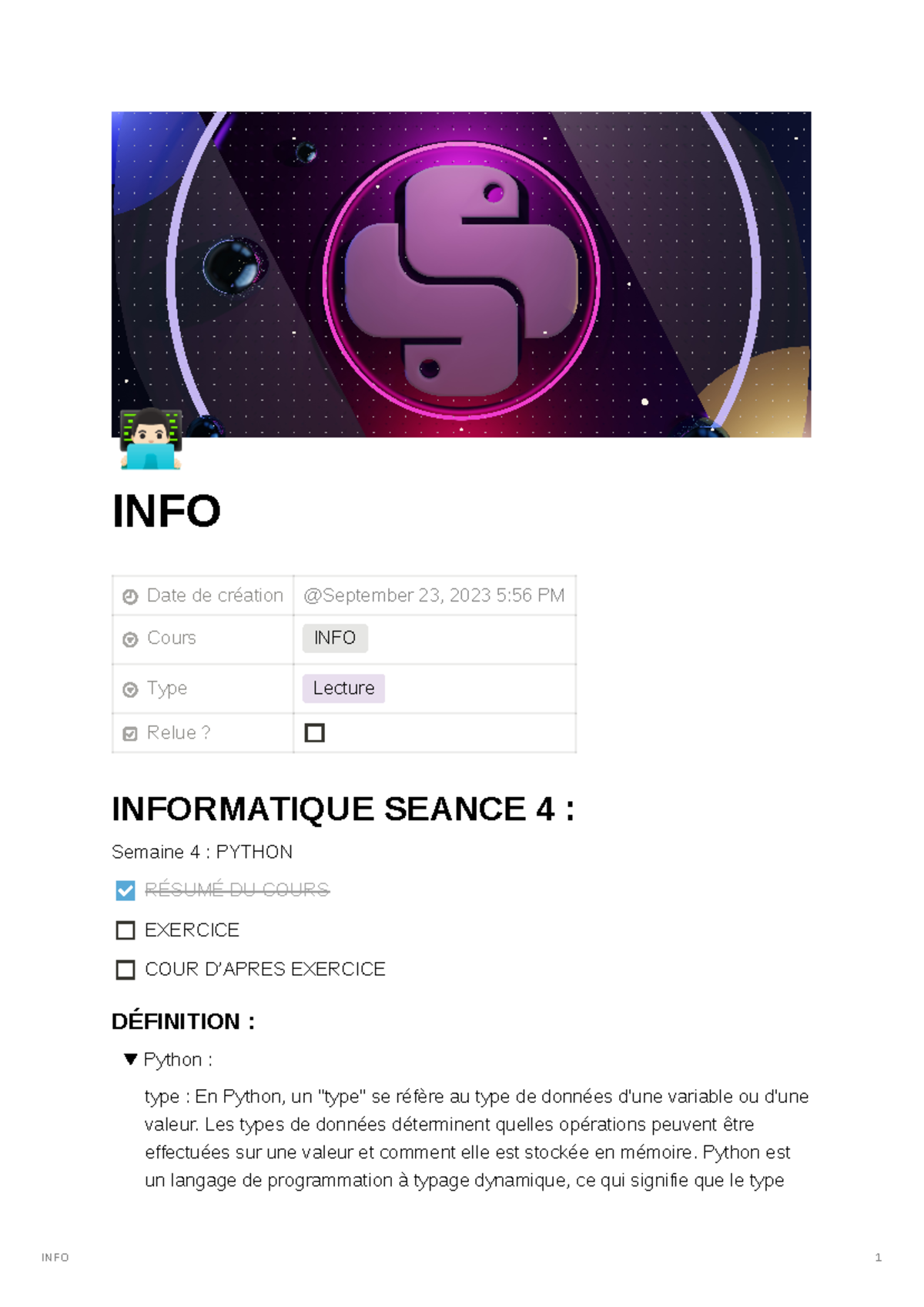 Info Python - Resumée - INFO Date de création Cours INFO Type Lecture ...