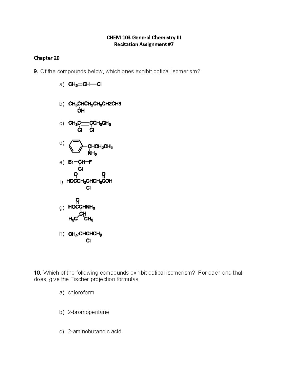 CHEM 103 Recitation Assignment #7 - **CHEM 103 General Chemistry III ...