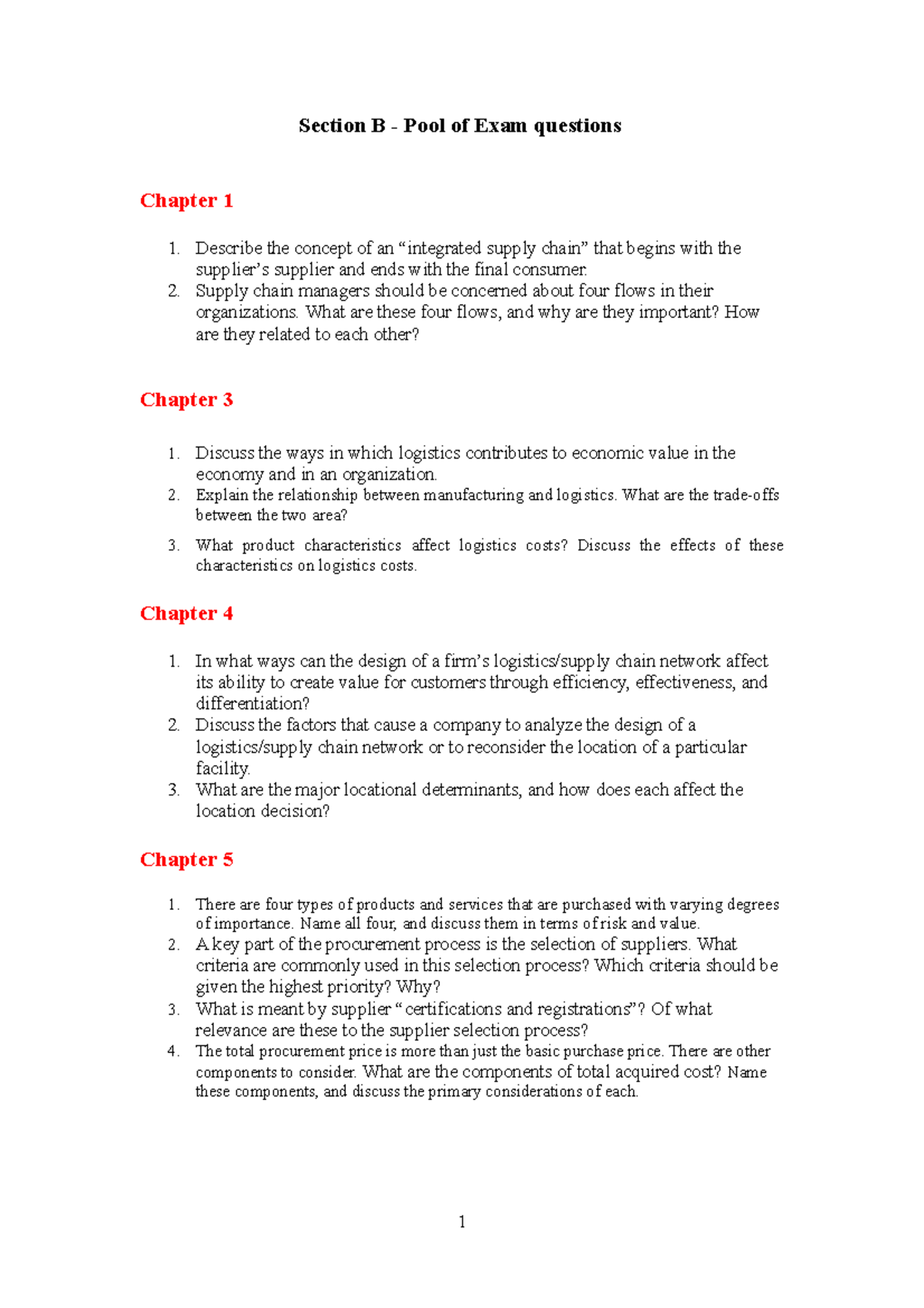 Logistics Exam Questions - Section B - Pool Of Exam Questions Chapter 1 ...