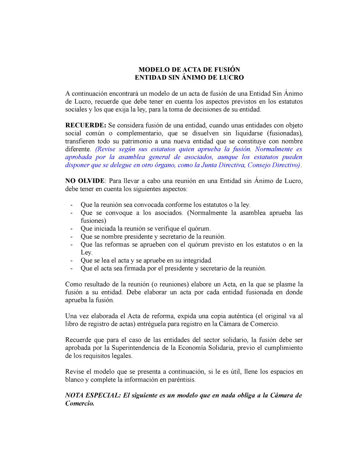 Modelo ACTA DE Fusion ESAL - MODELO DE ACTA DE FUSIÓN ENTIDAD SIN ÁNIMO DE  LUCRO A continuación - Studocu